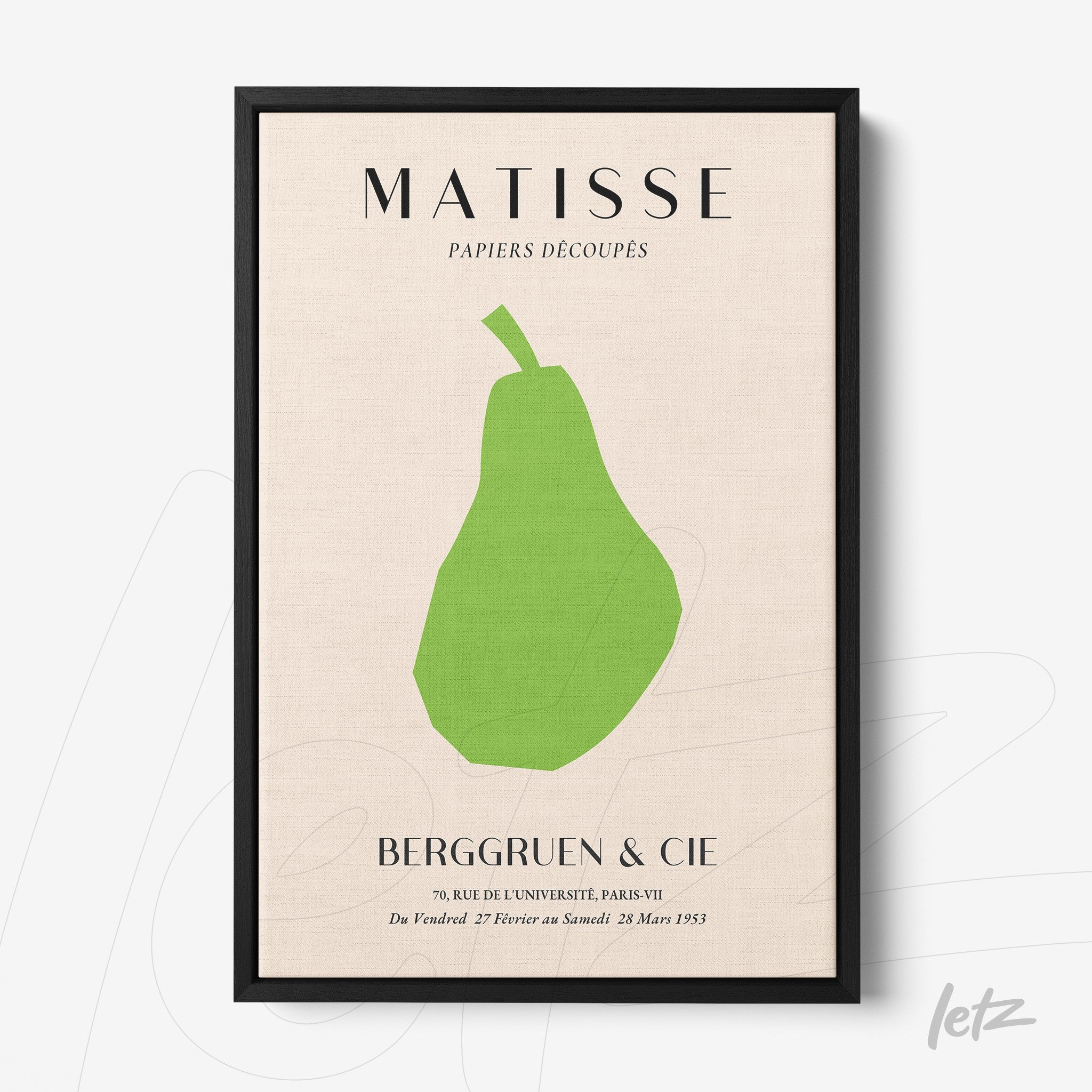 framed artwork featuring a modern geometric pear design on a light background with black frame
