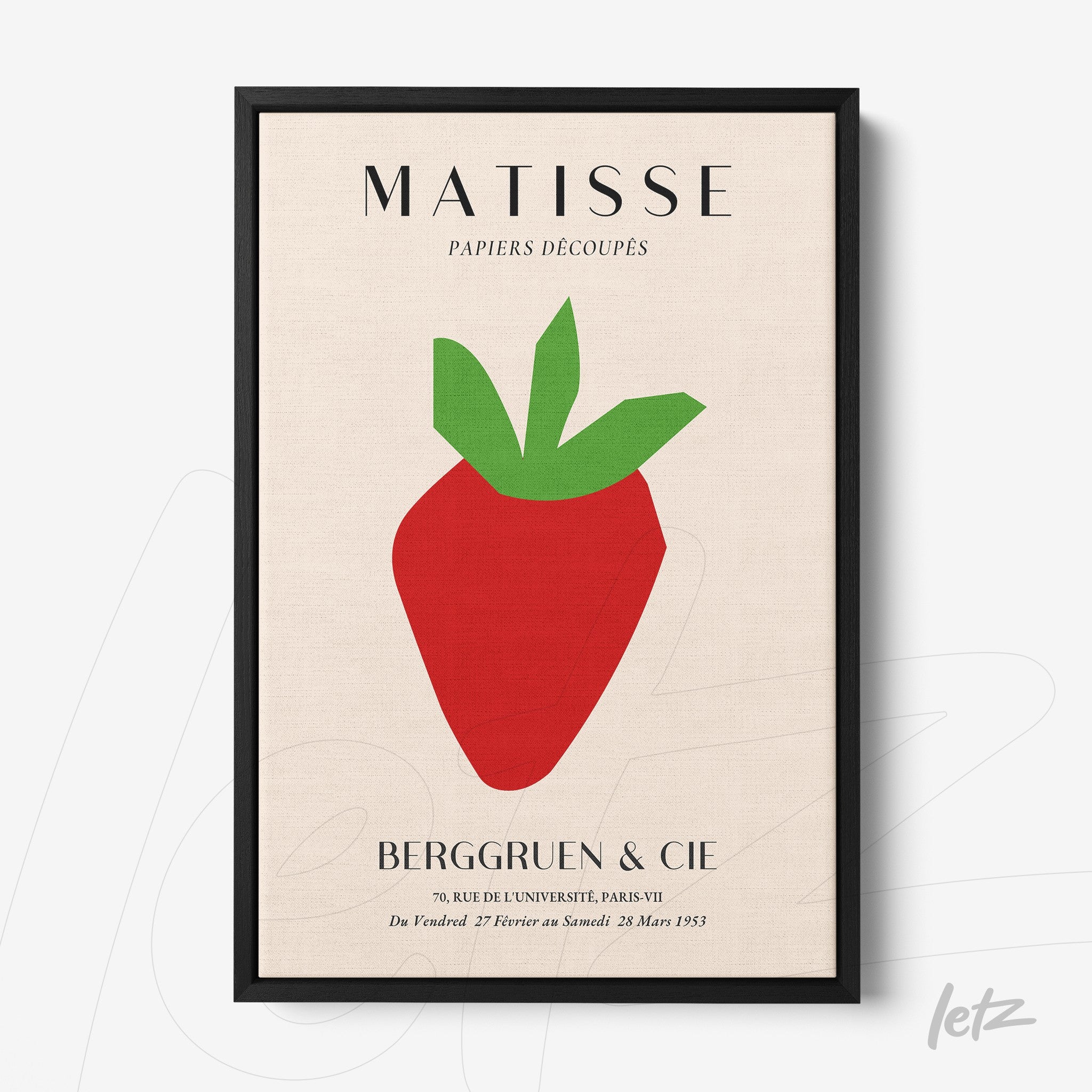 framed modern art print featuring a stylized strawberry on light background