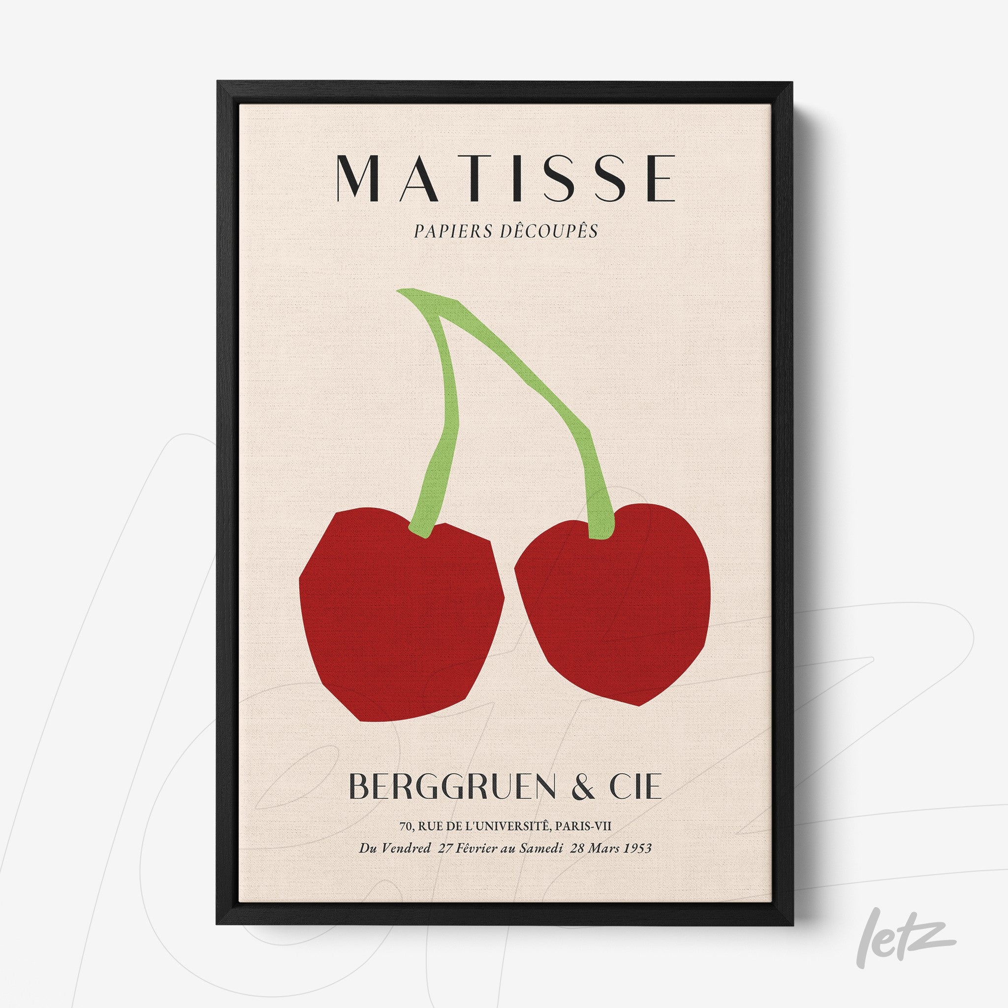 framed modern art depicting stylized cherries on a light background