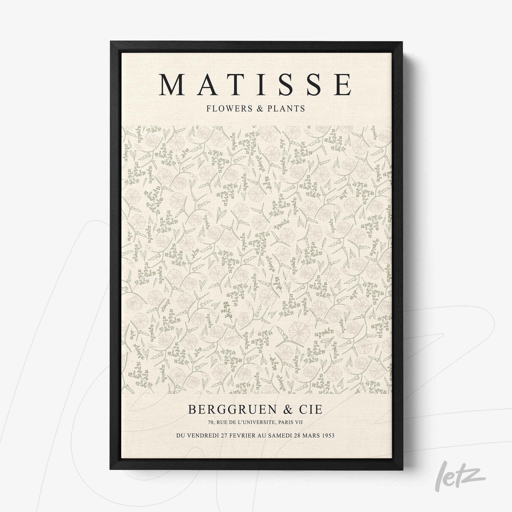 framed wall art featuring soft-toned leaf patterns in a black frame