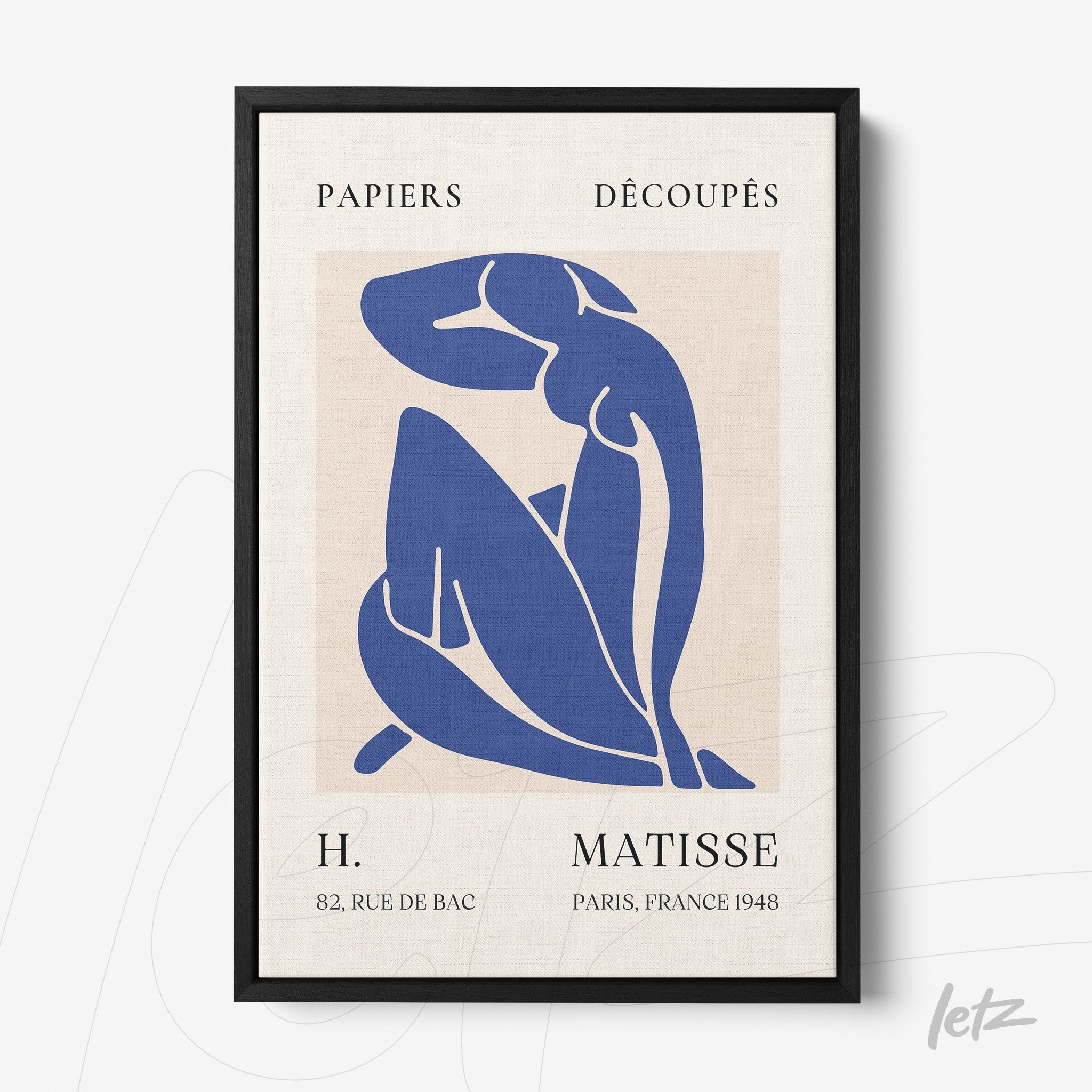 contemporary artwork of a human figure in blue on light background framed in black