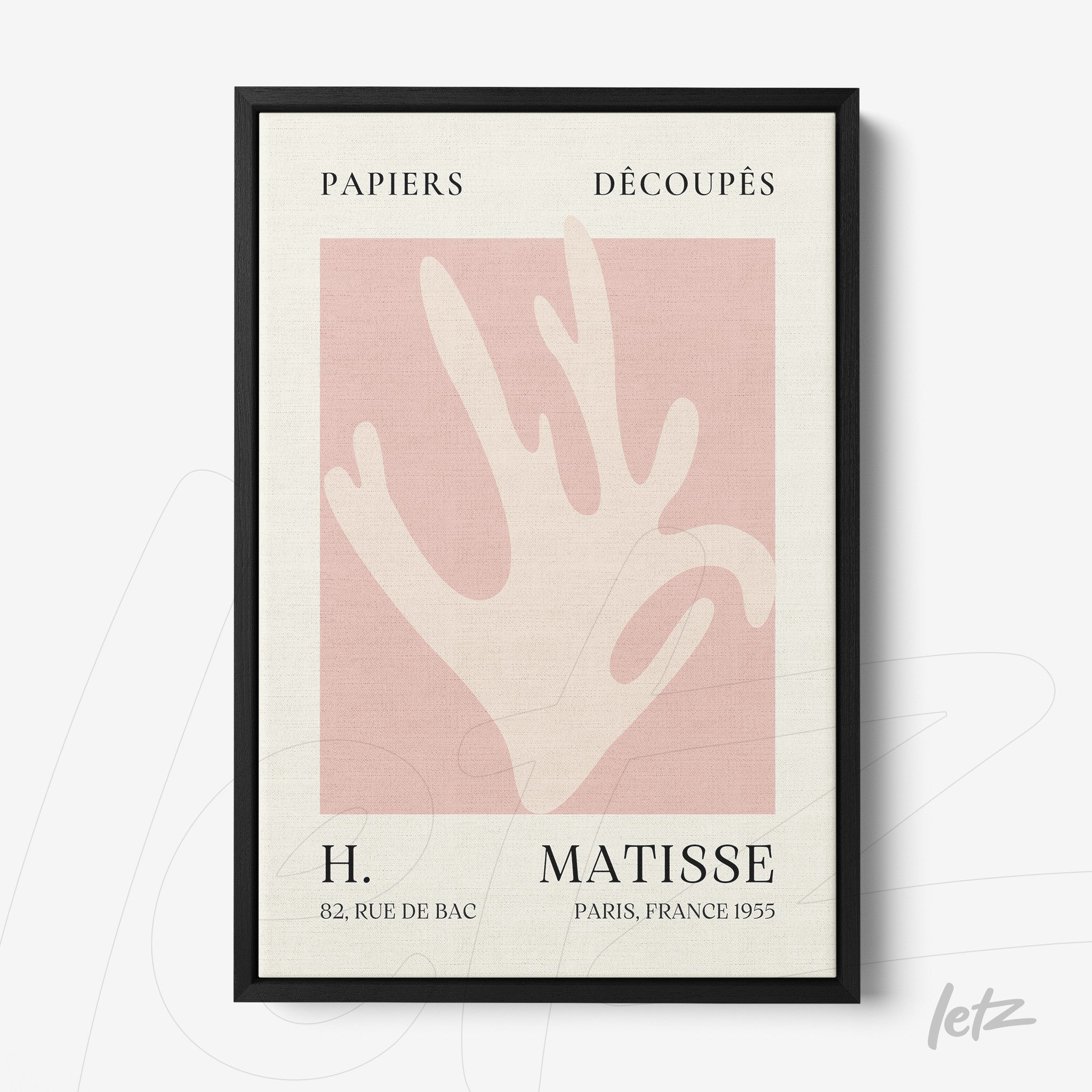 framed art featuring a stylized hand in pink by Matisse against a light background with black frame