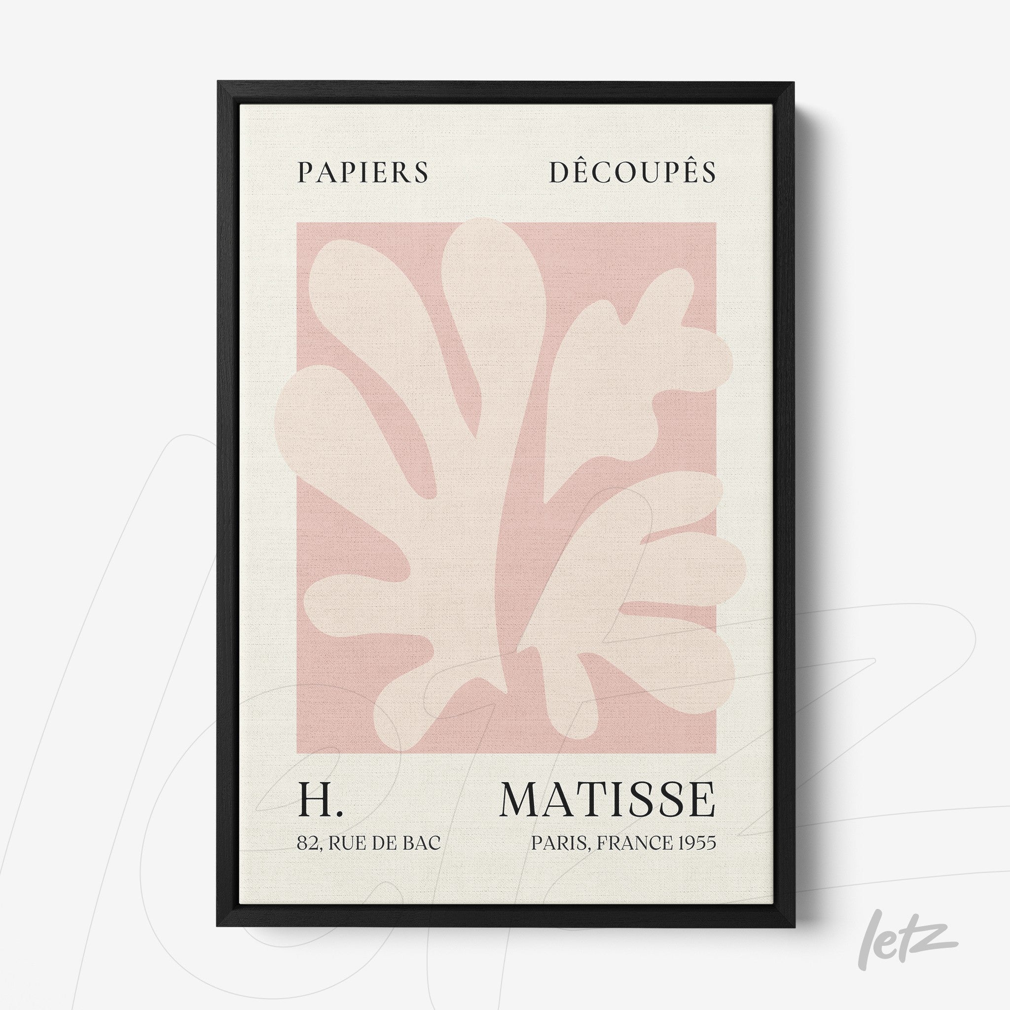 framed art featuring abstract shapes in pink and cream, with black frame and stylish lettering in black