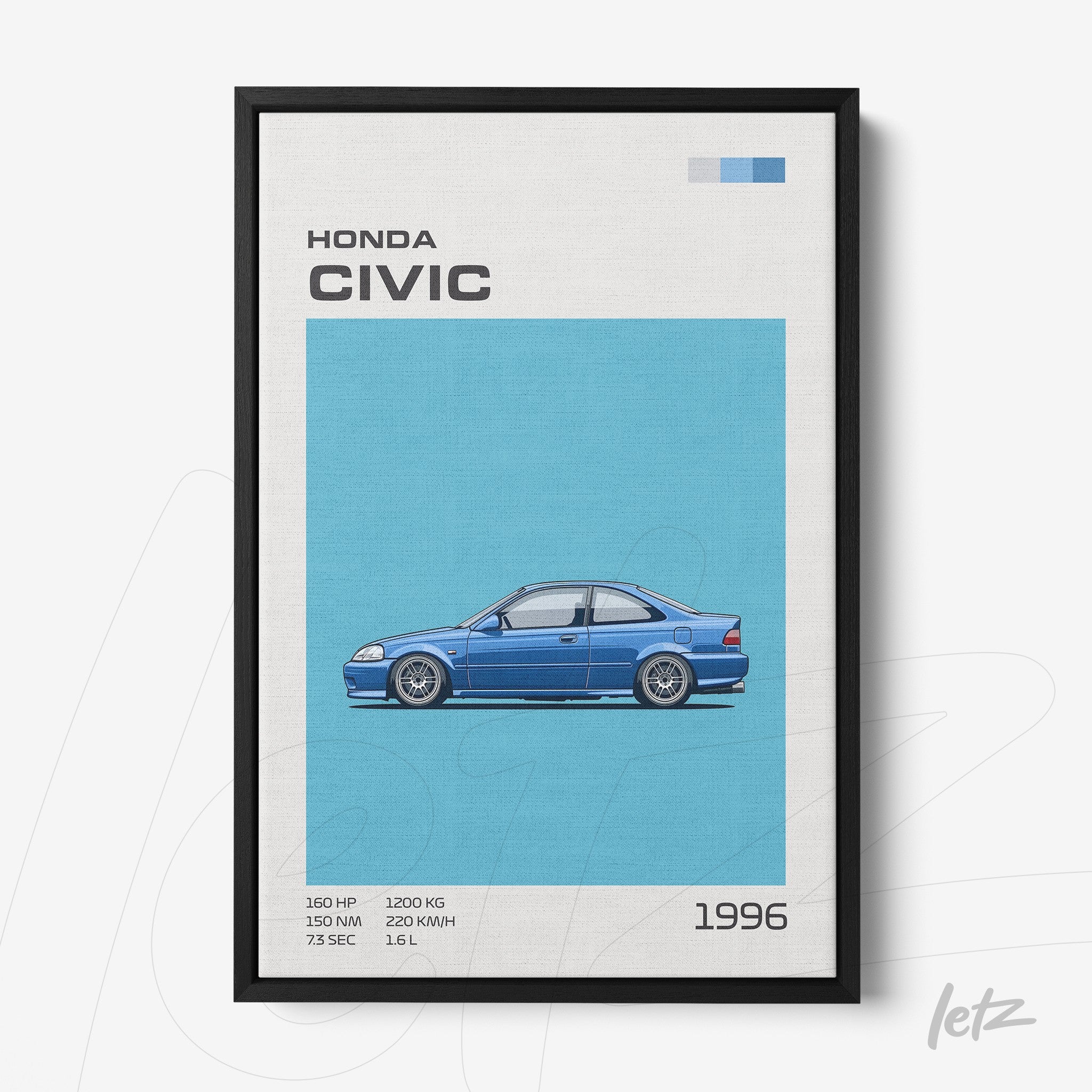 framed artwork featuring a digital illustration of a 1996 Honda Civic on a light blue background