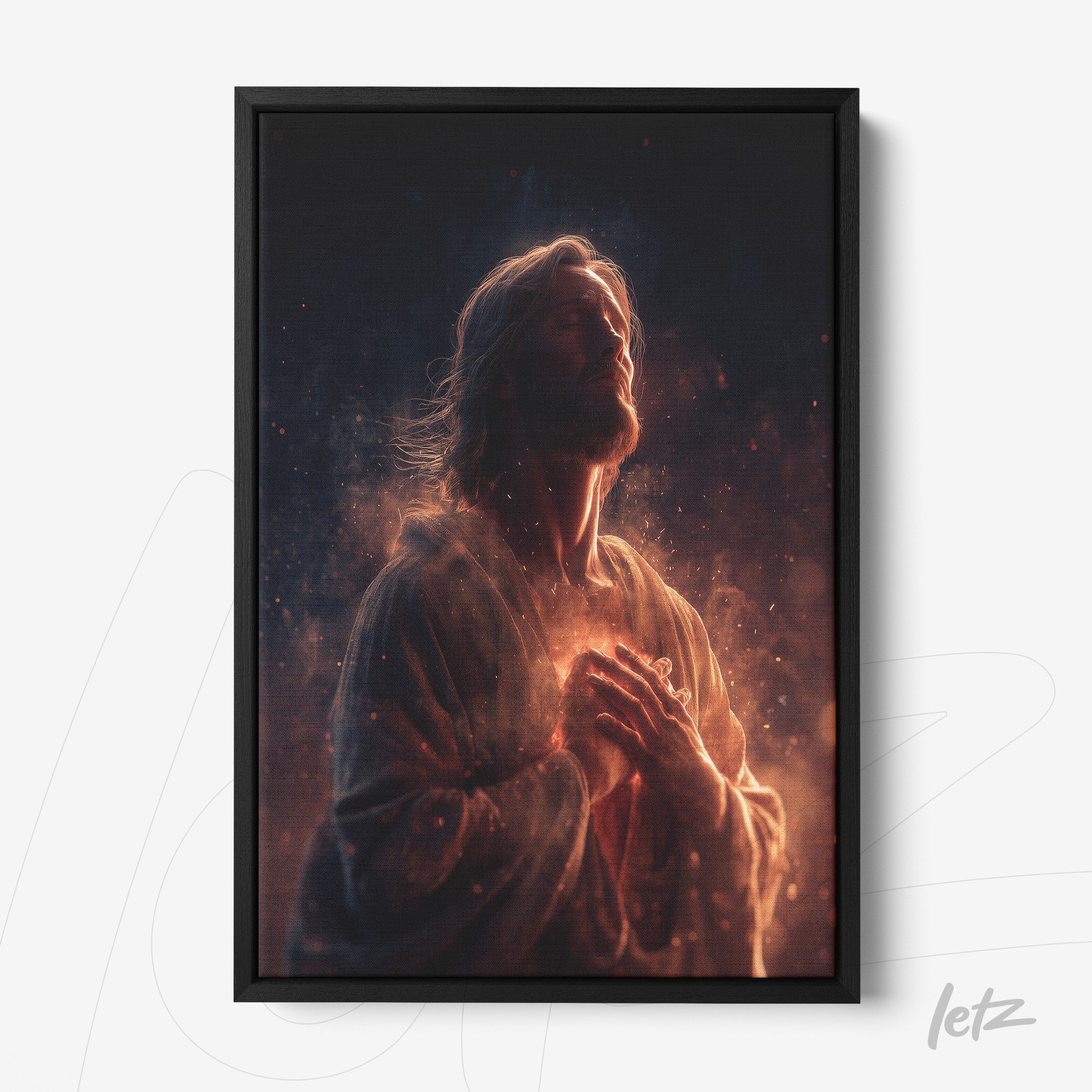 framed artwork of Jesus in a softly illuminated environment with a black frame