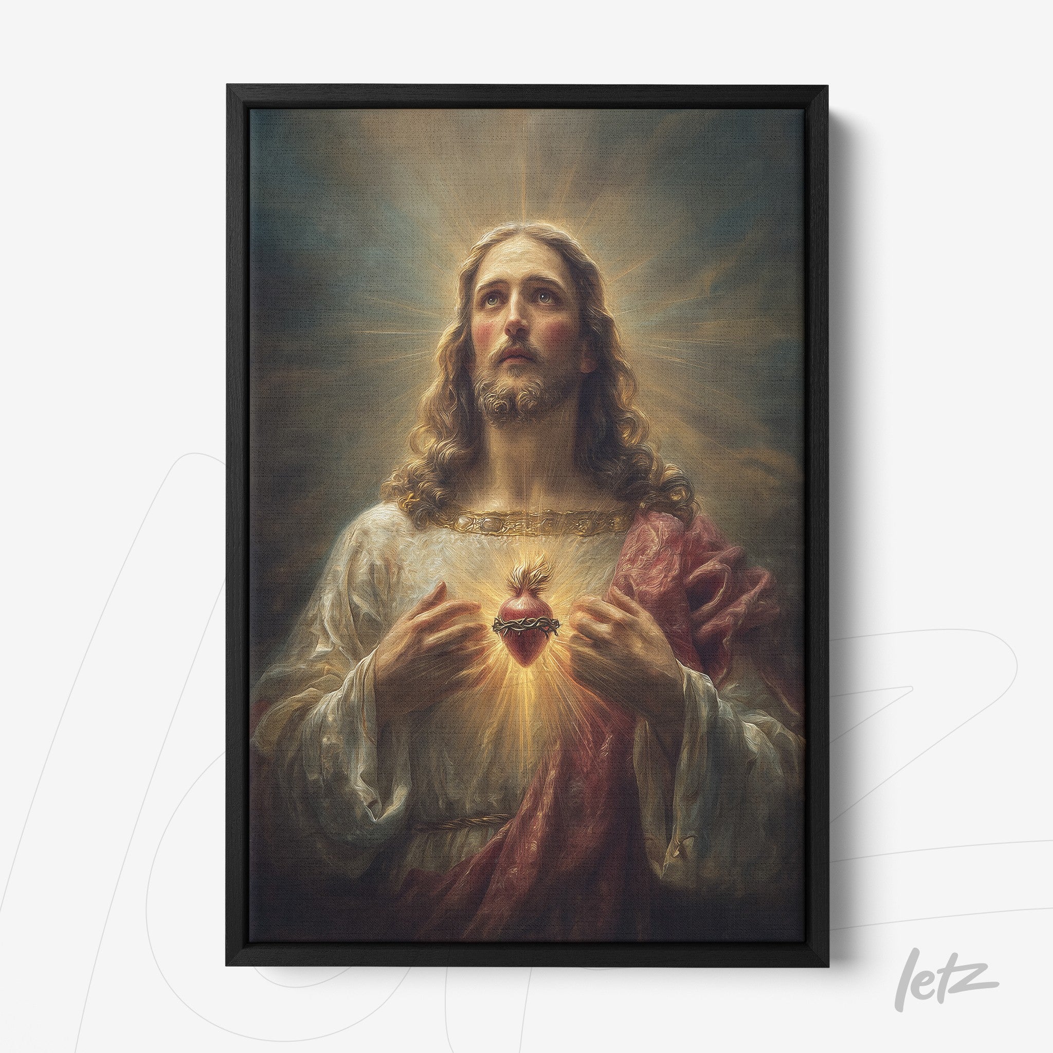 framed religious artwork of Jesus Christ with a black frame, showcasing the Sacred Heart illuminated