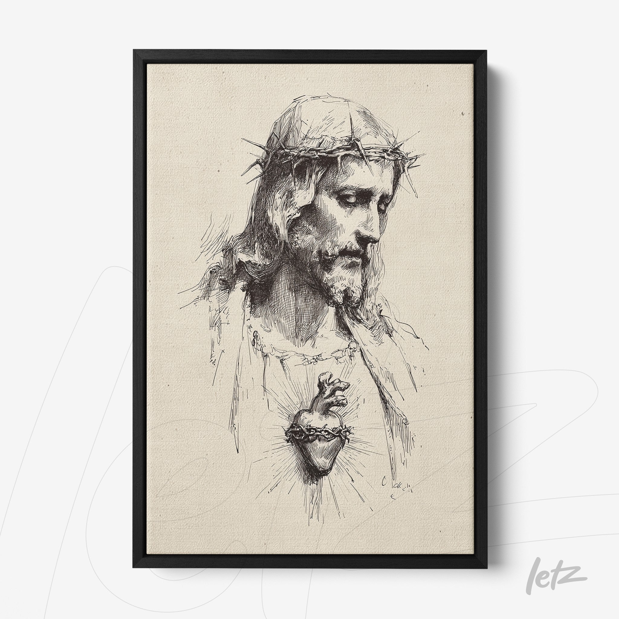 classic style framed artwork of Jesus Christ portrait in gray tones with black frame and light background