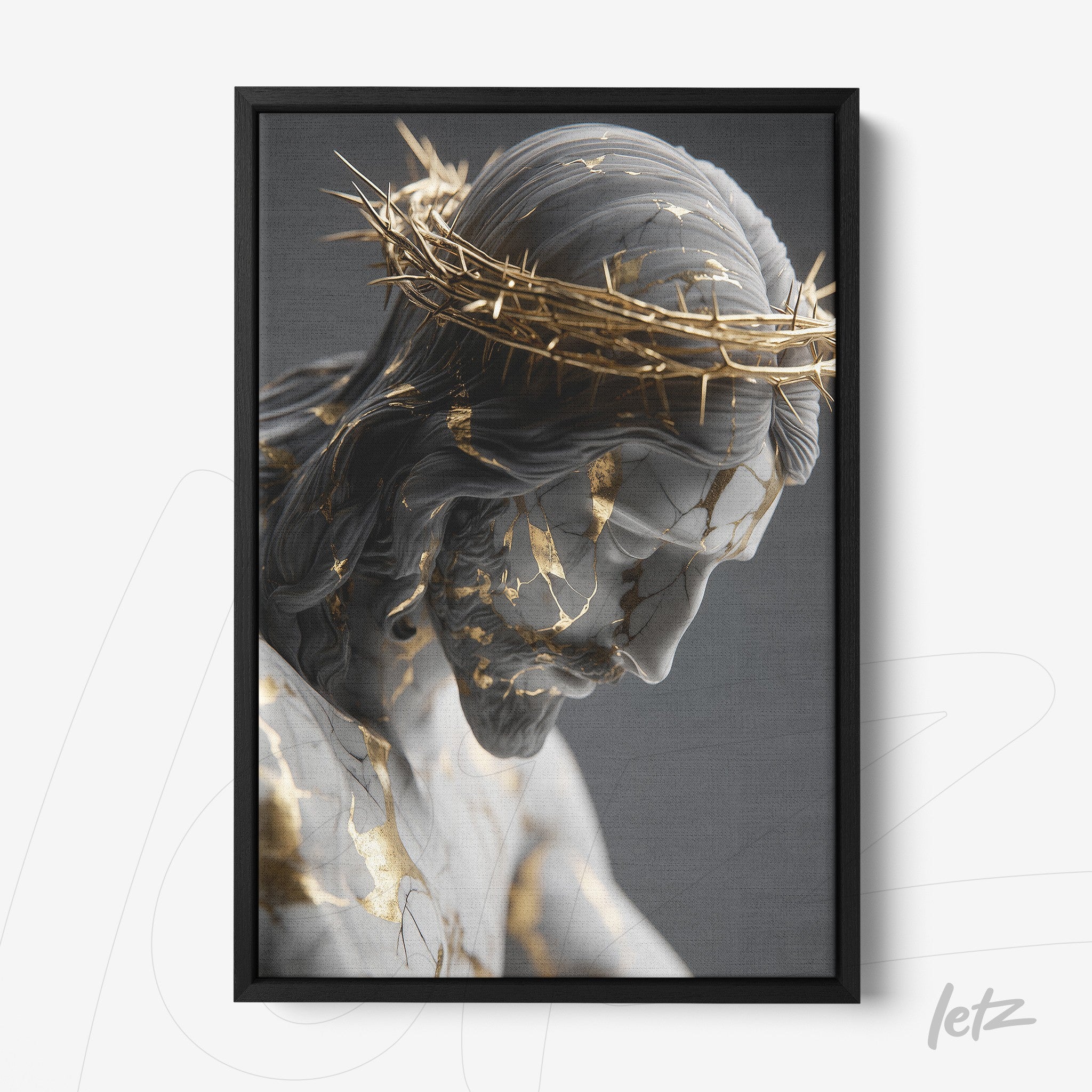 framed artwork featuring a detailed sculpture of Christ with golden cracks and a crown of thorns against a dark background