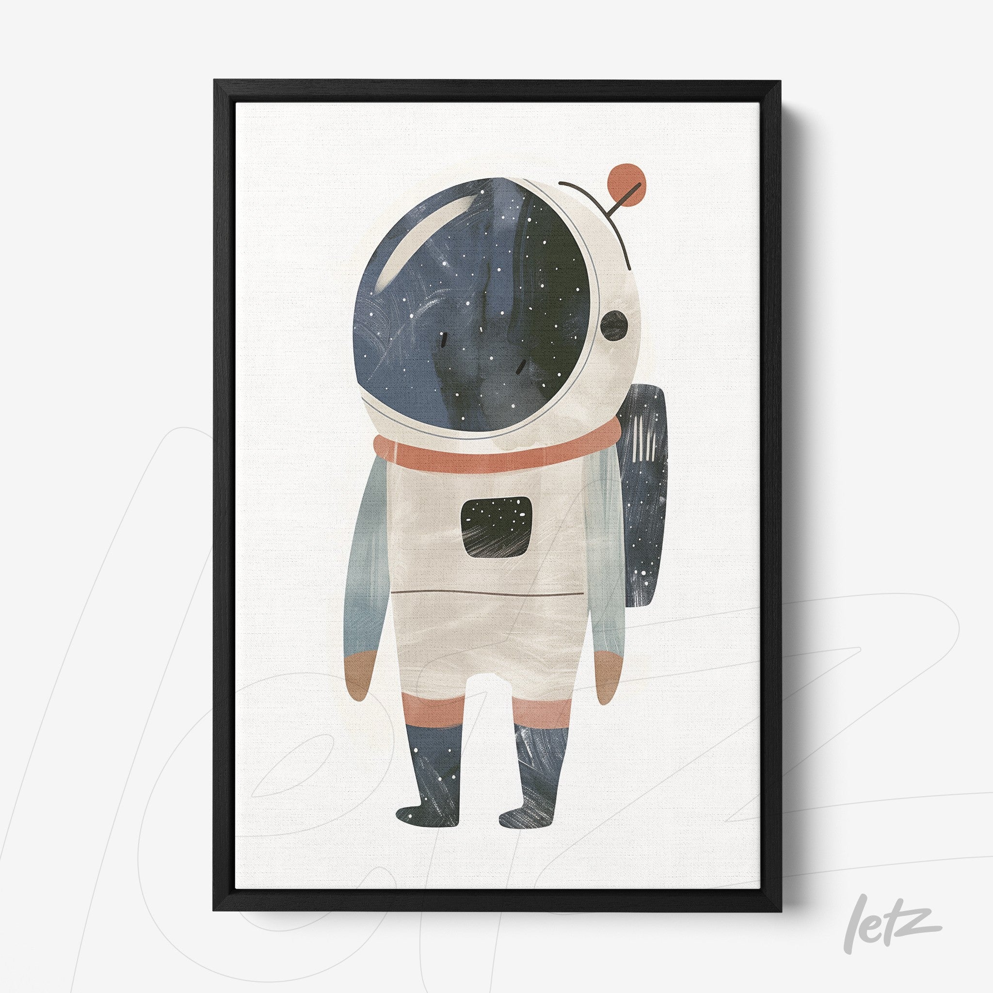 framed wall art featuring a watercolor illustration of an astronaut with a light background and black frame