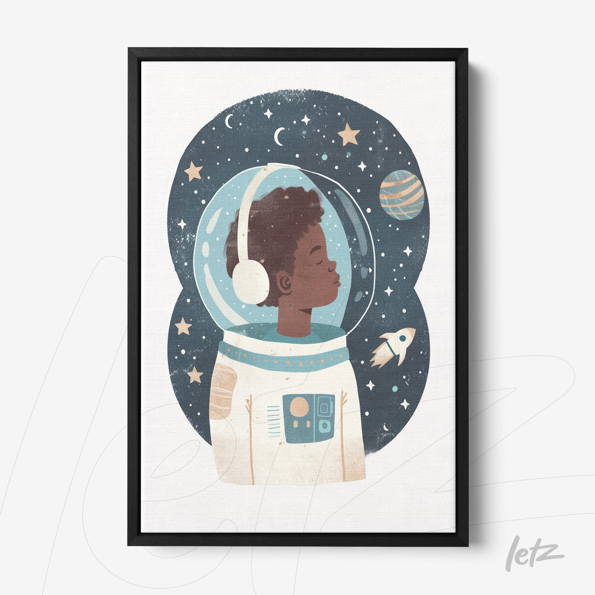 framed art featuring a black astronaut illustration against a starry background