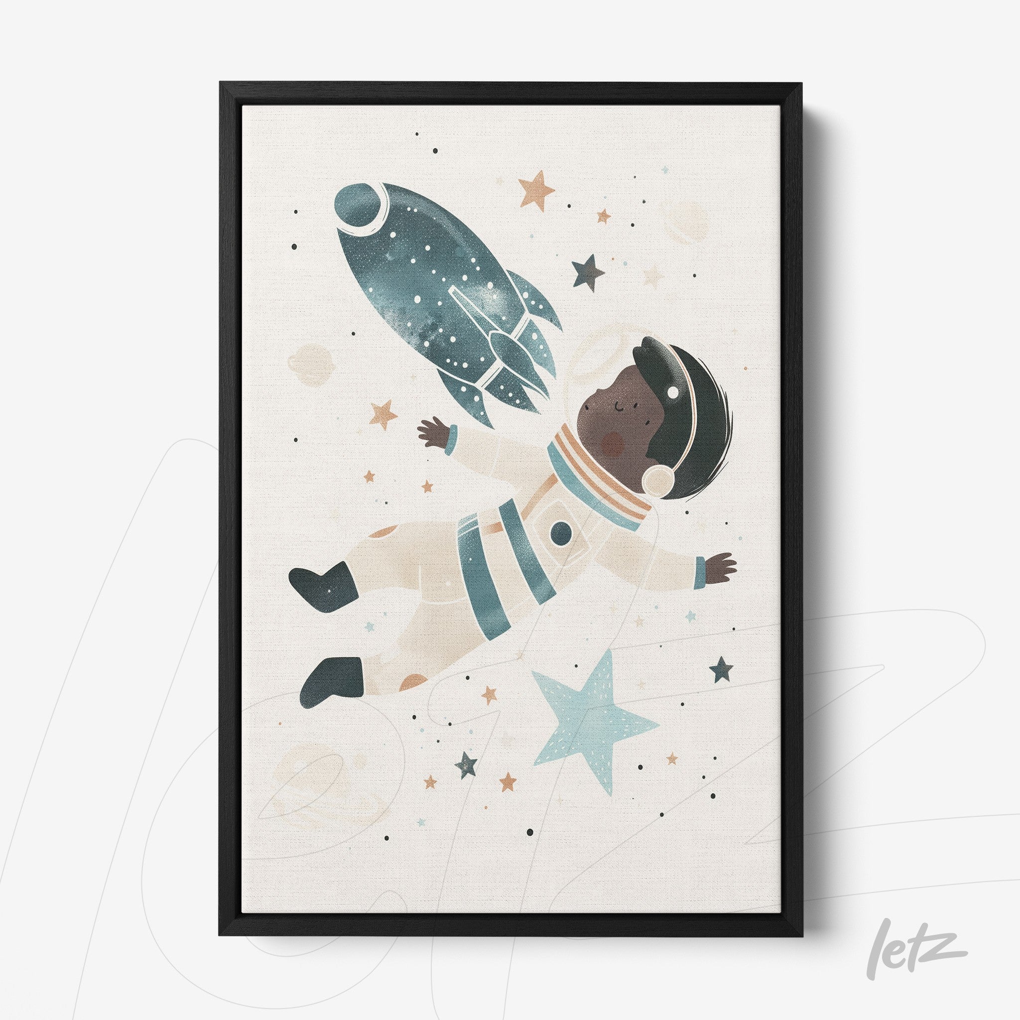 framed art featuring black astronaut floating in space with a rocket and stars