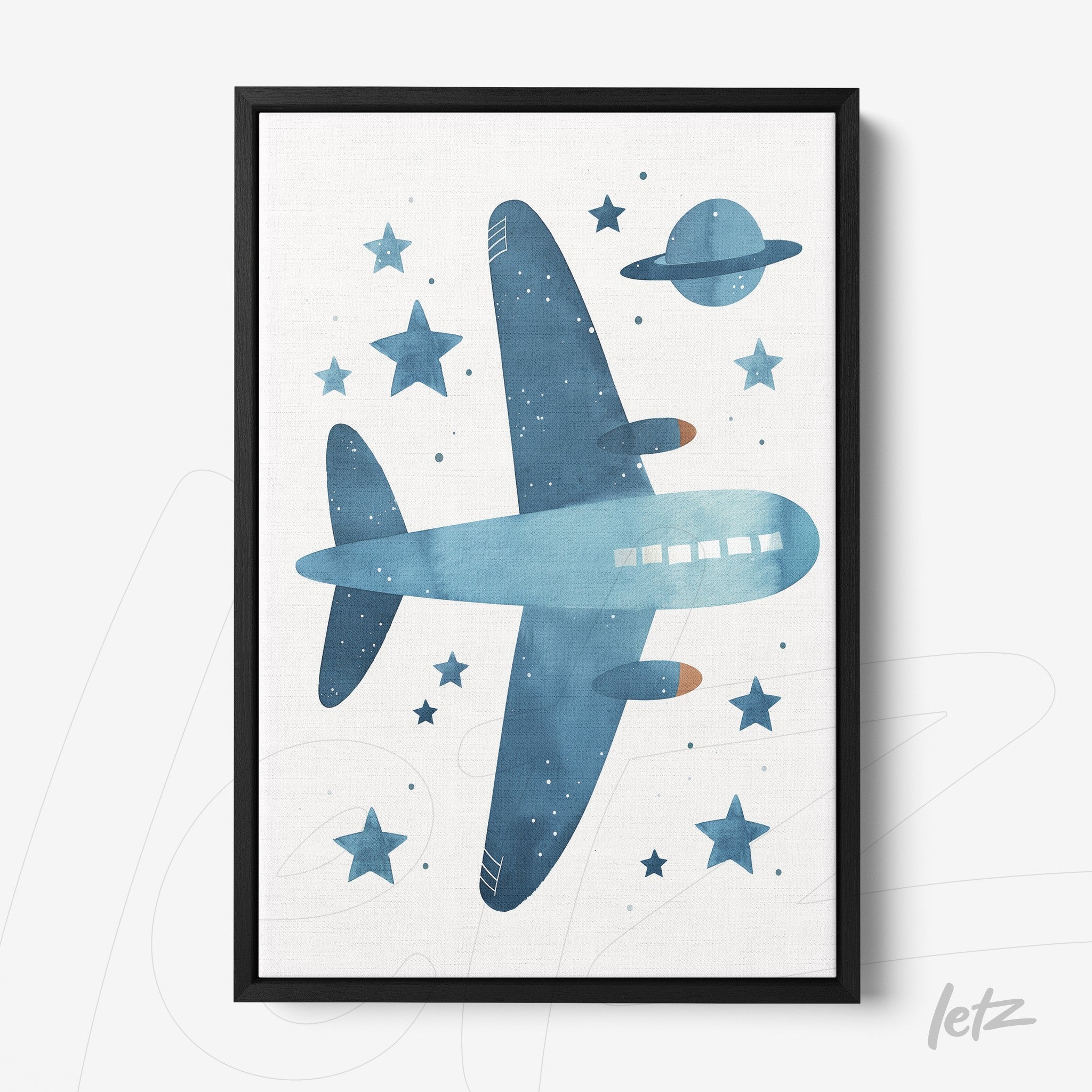 watercolor art print of an airplane in blue hues with stars and a planet in the background, framed in black