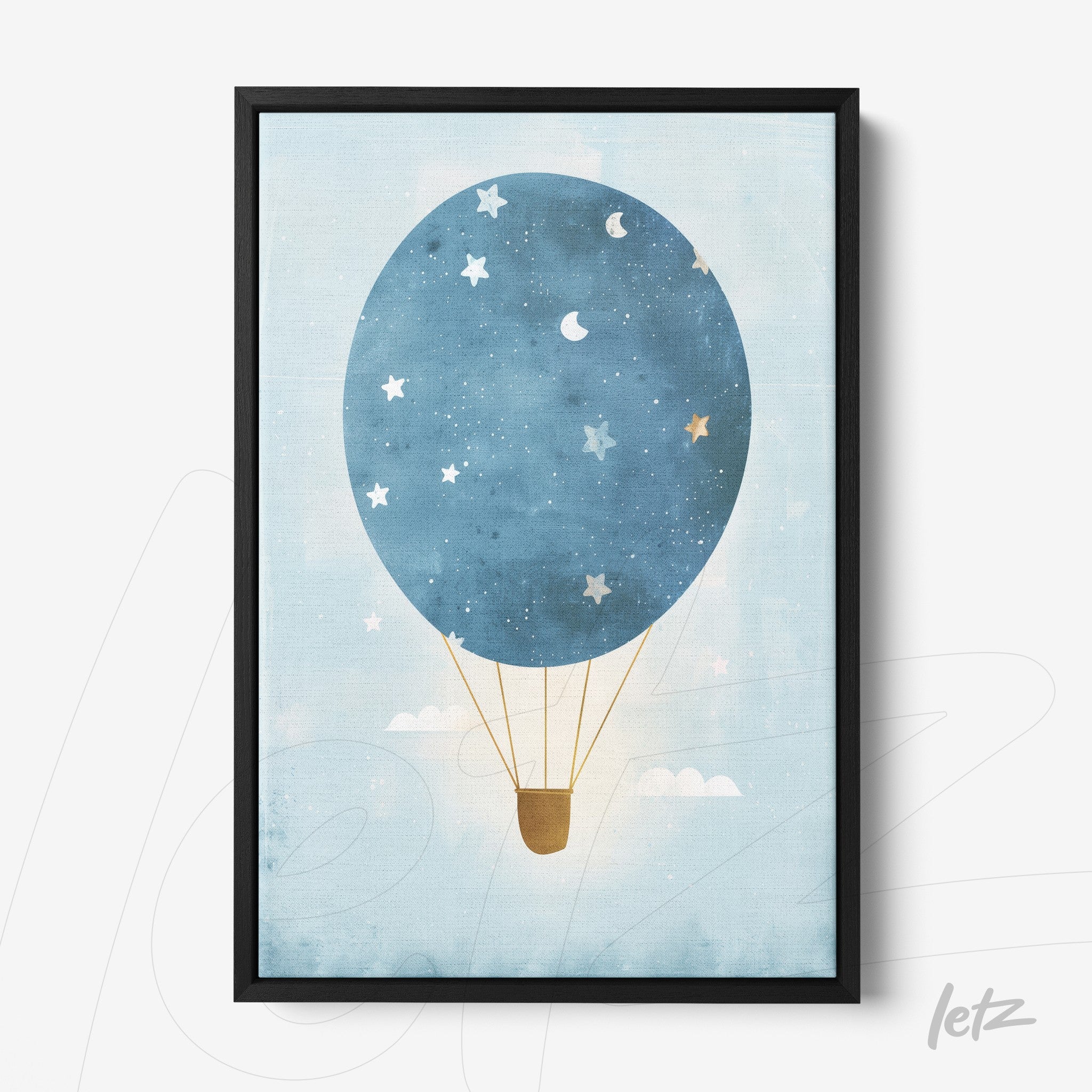 framed art of a blue hot air balloon against a light background with stars and clouds