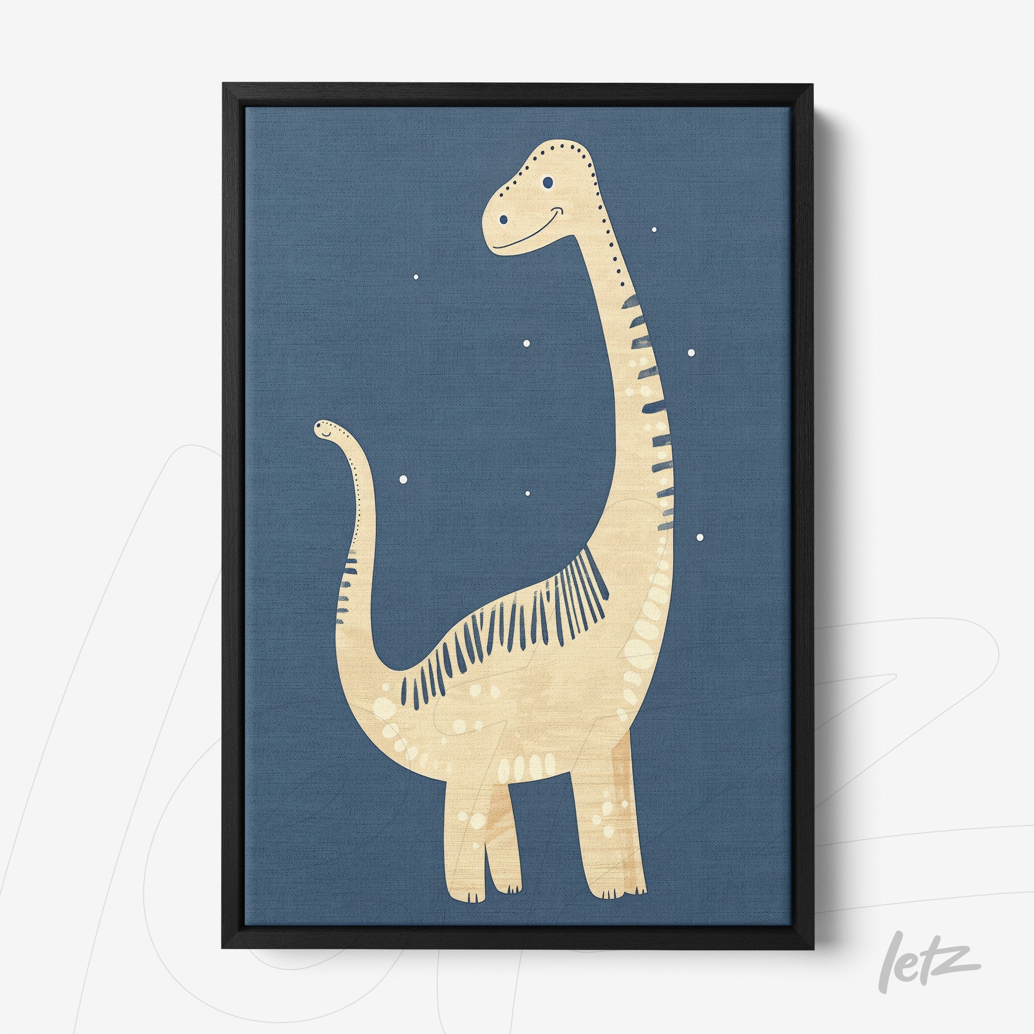 framed artwork featuring a friendly dinosaur illustration on blue background with black frame