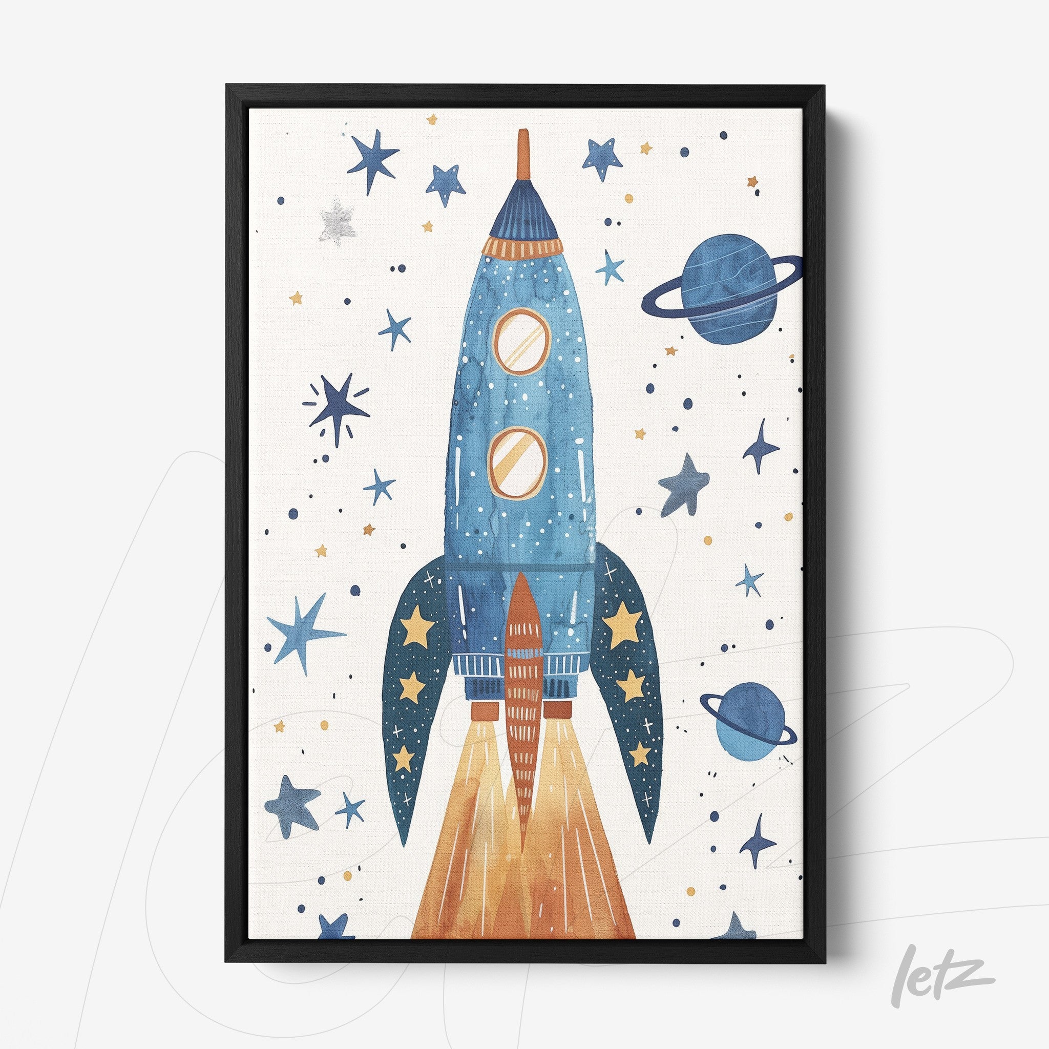 framed artwork featuring a colorful rocket taking off surrounded by stars and planets