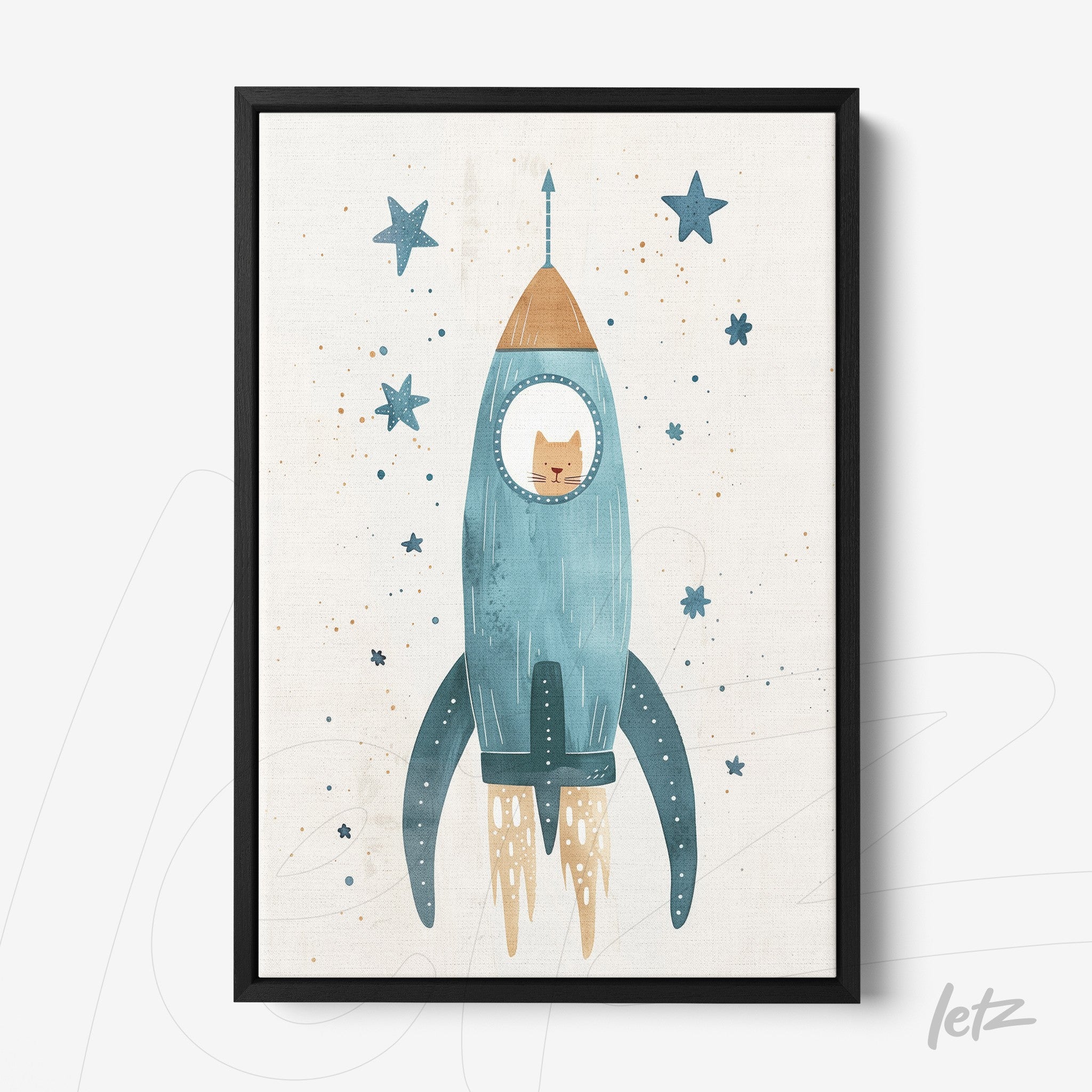framed children's art featuring a blue rocket with a cat inside, set against a light background with stars