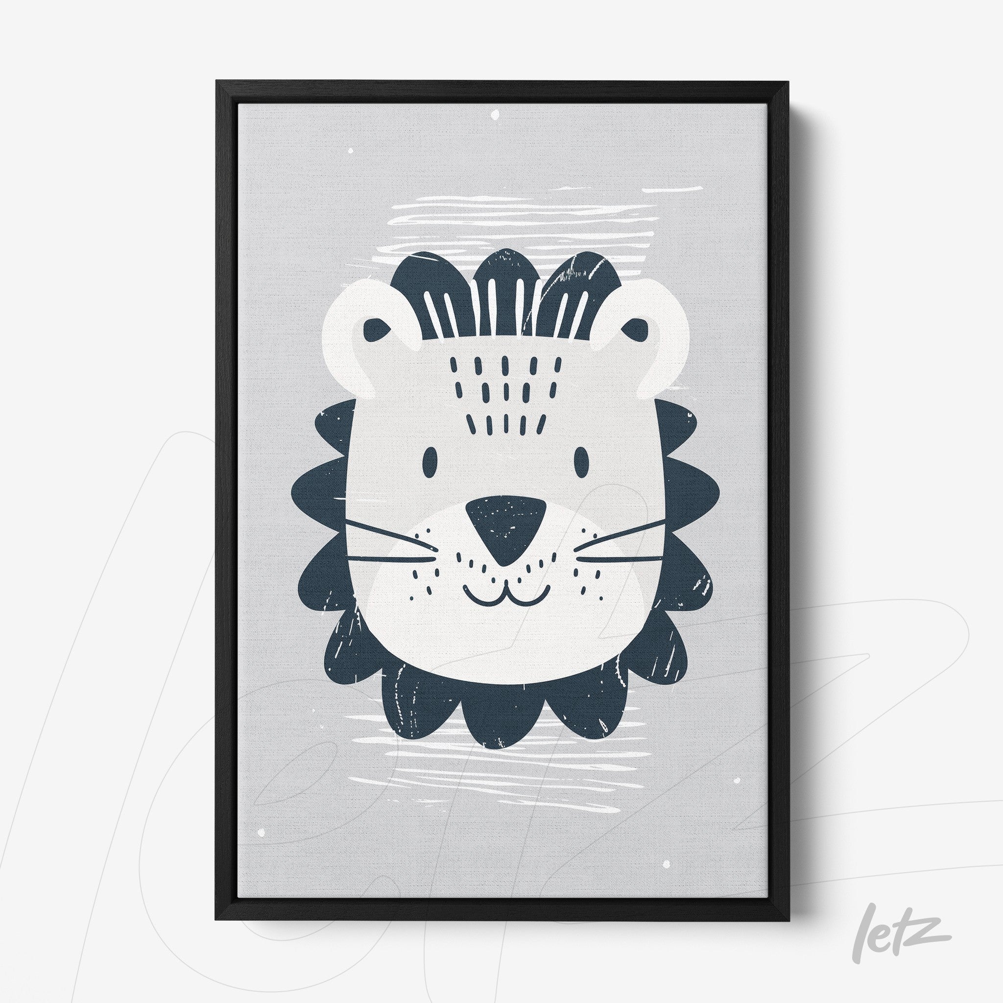 framed art featuring a stylized lion illustration on a gray background