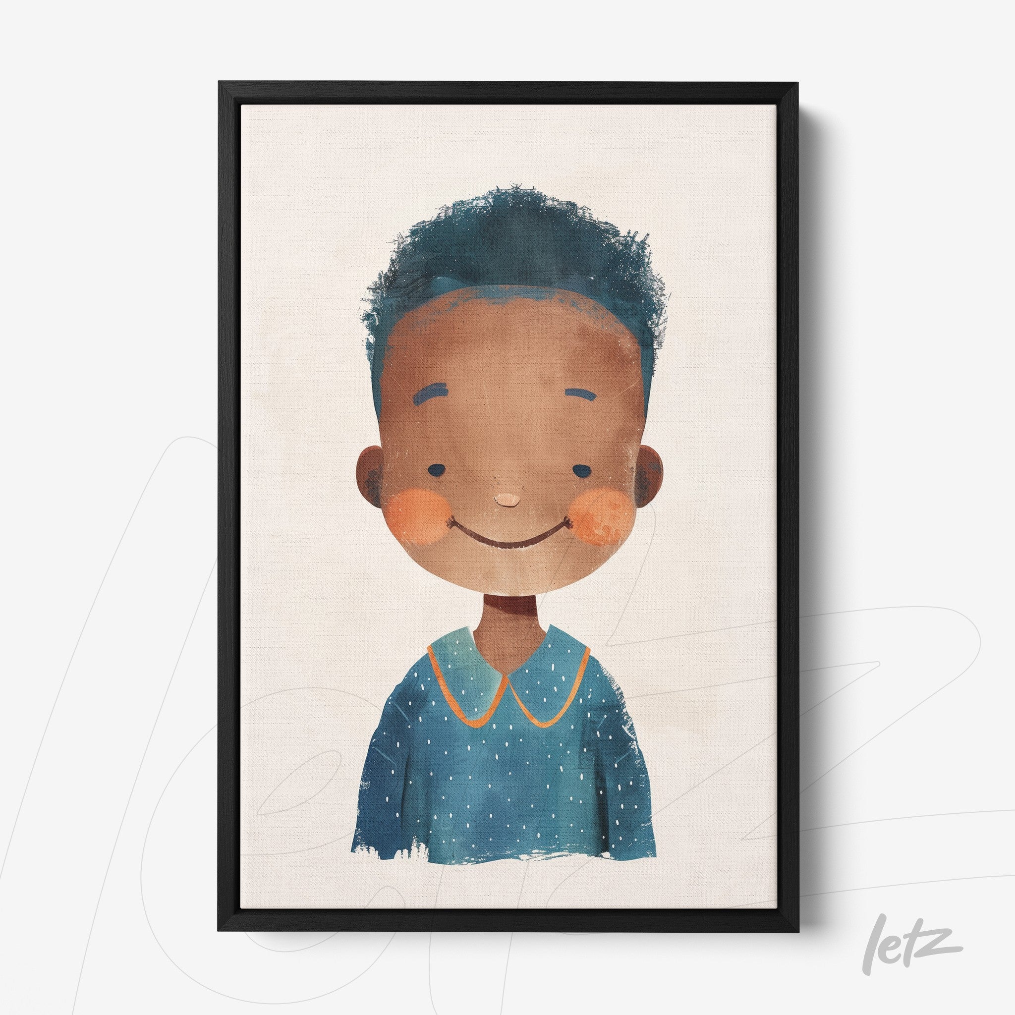 framed illustration of a smiling boy with curly hair and blue shirt on textured background