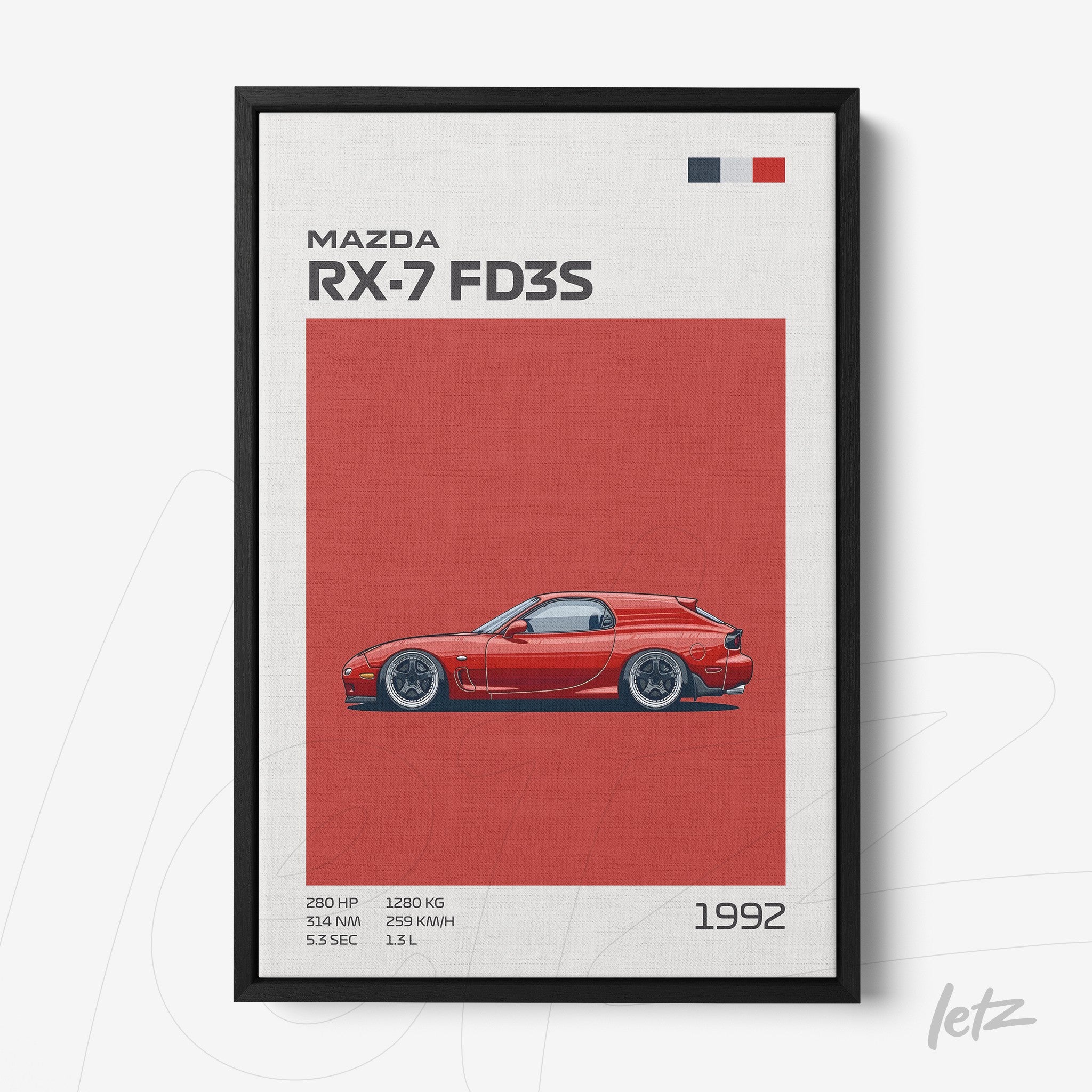 framed graphic art of Mazda RX-7 FD3S on red background with black frame