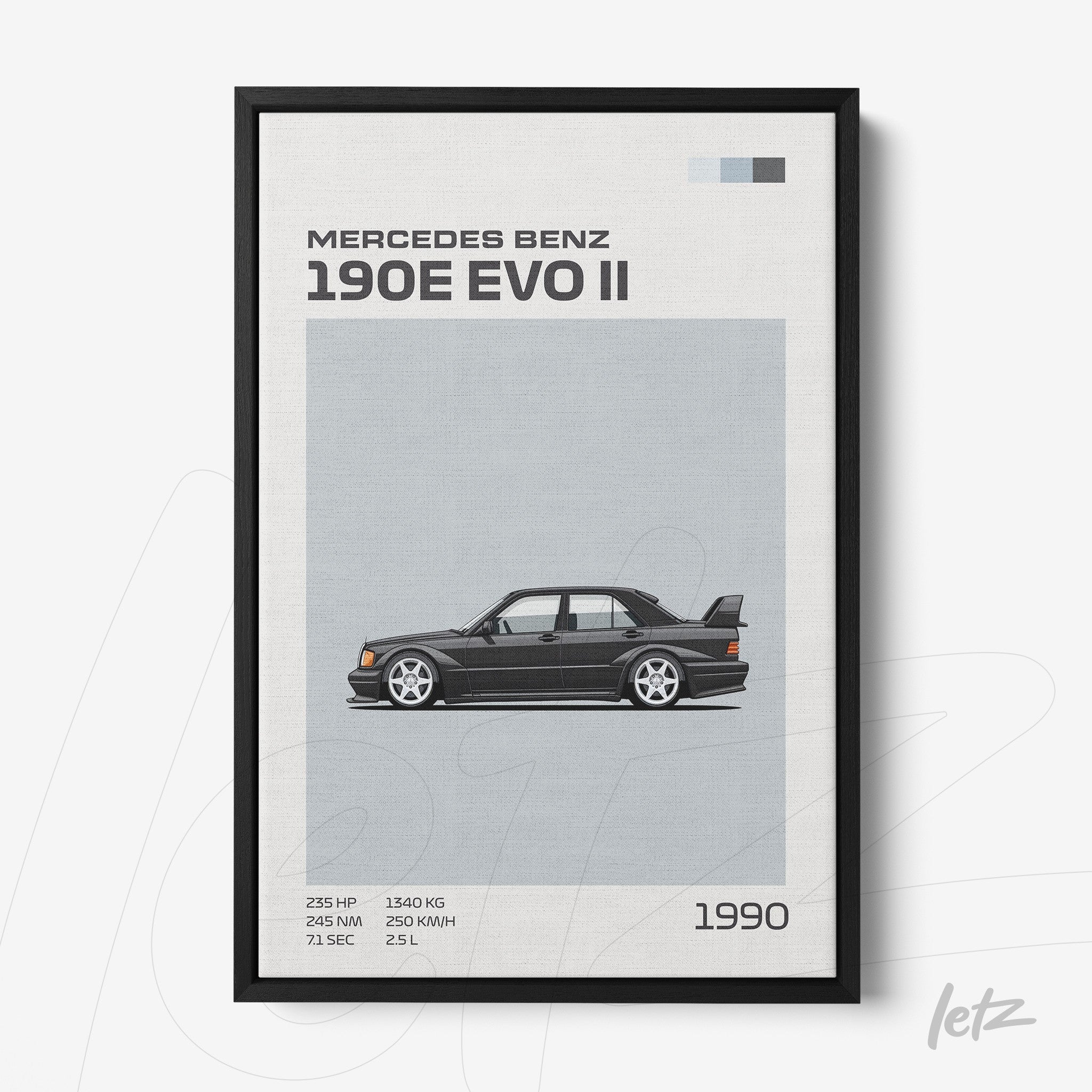 framed illustration of a Mercedes Benz 190E EVO II car with gray background and details about horsepower and weight