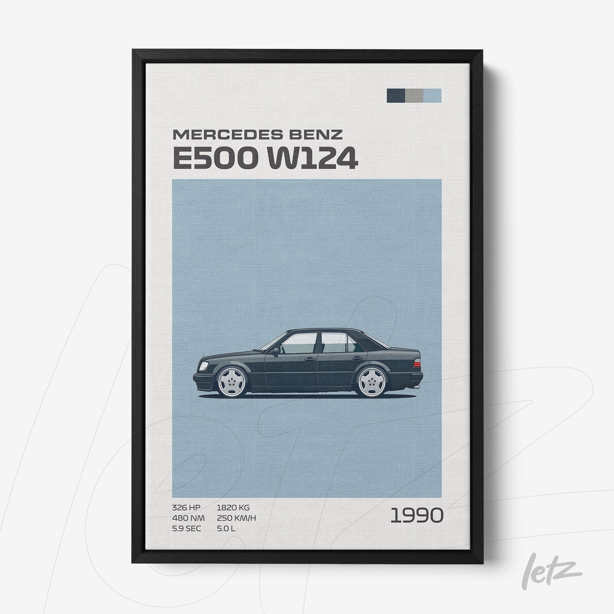 framed art featuring a stylized illustration of the Mercedes Benz E500 W124 in black frame