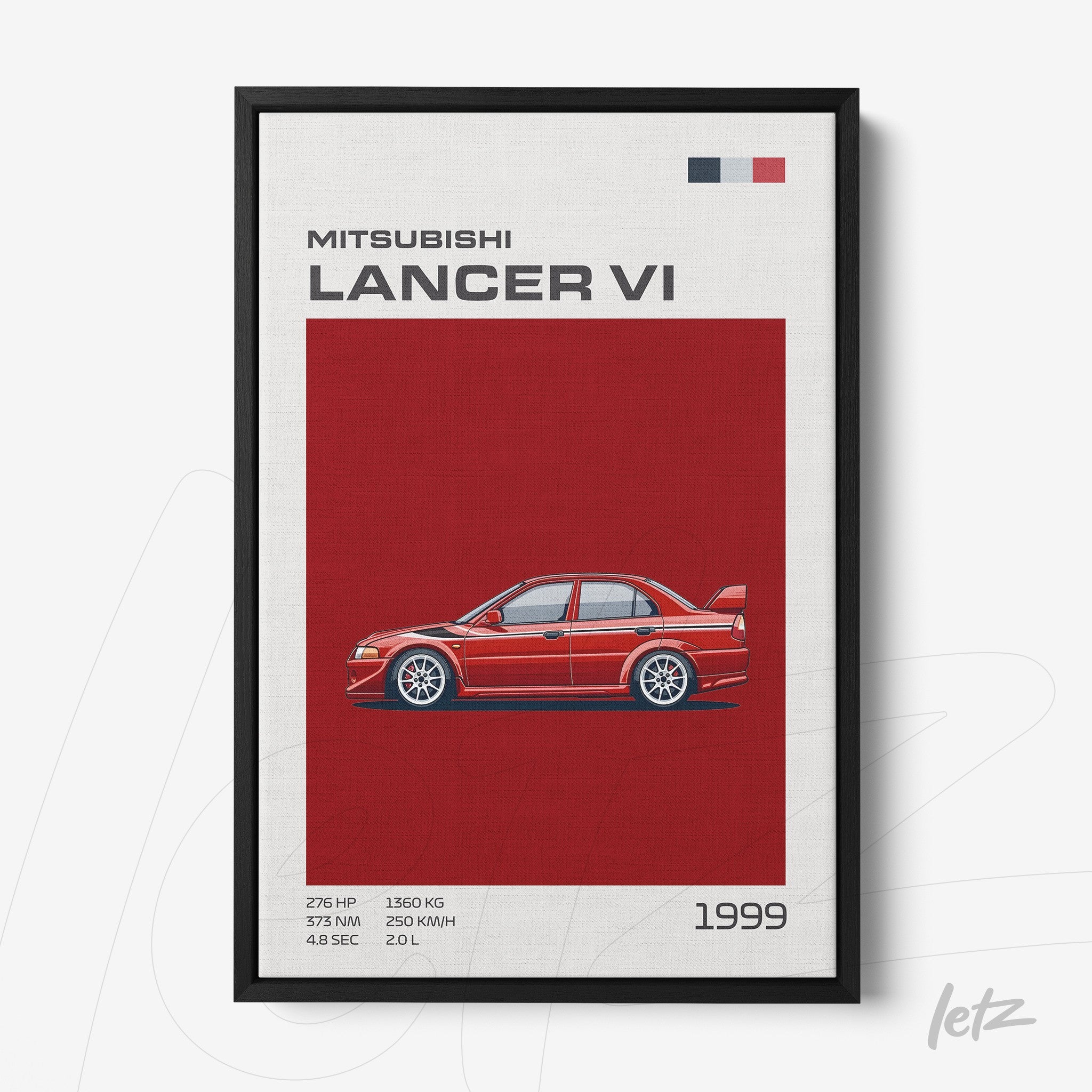 framed wall art of the Mitsubishi Lancer VI car with a solid red background and black frame