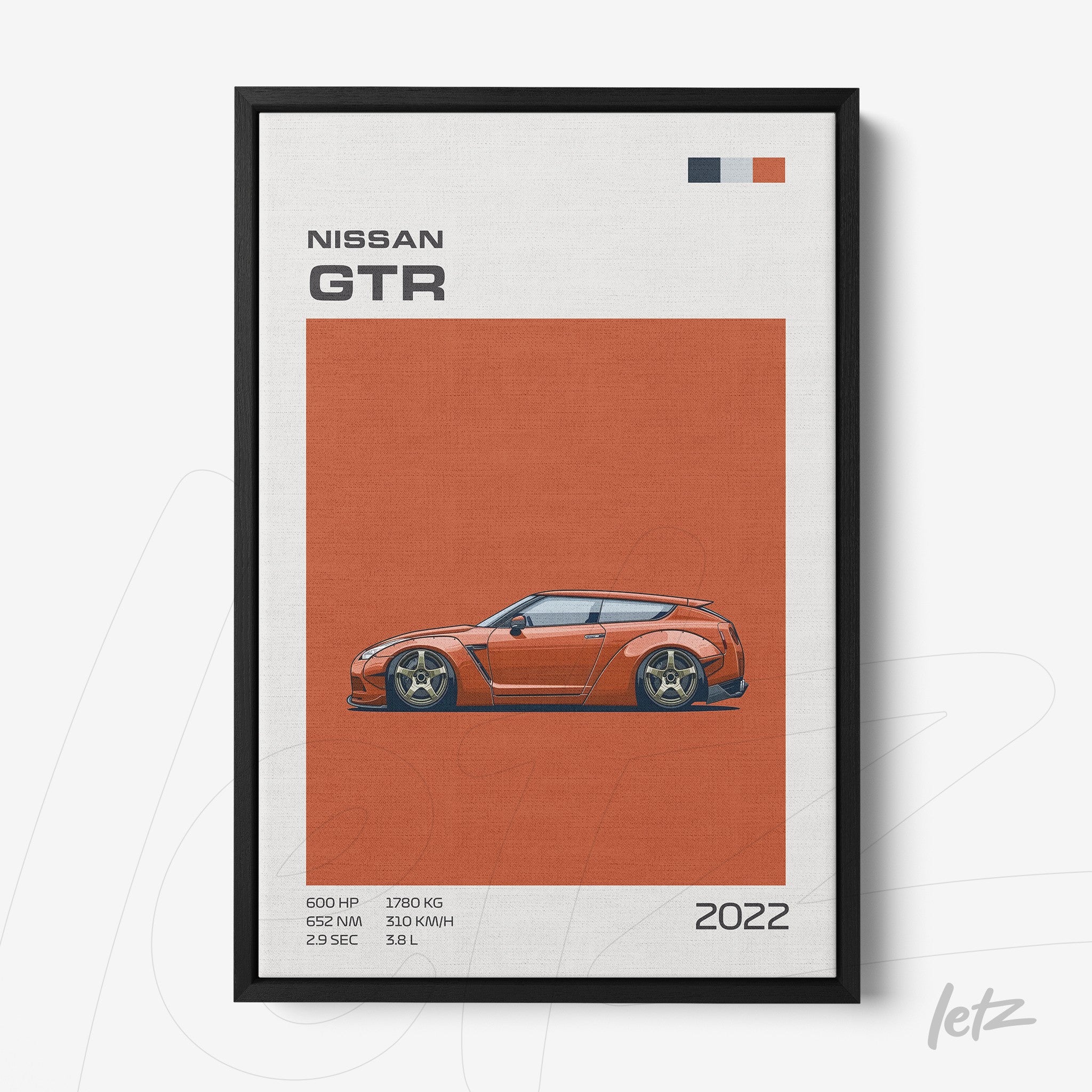 framed wall art featuring a digital illustration of the Nissan GTR in black frame against an orange background