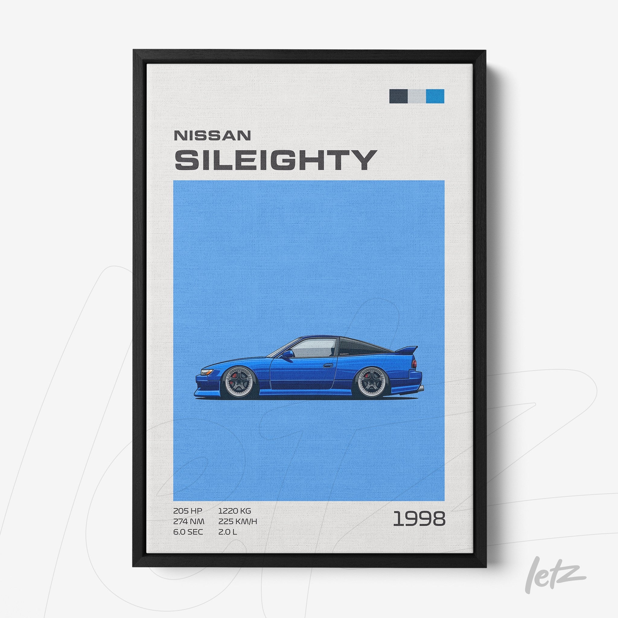 framed artwork featuring a blue Nissan Sil80 car illustration on a vibrant blue background