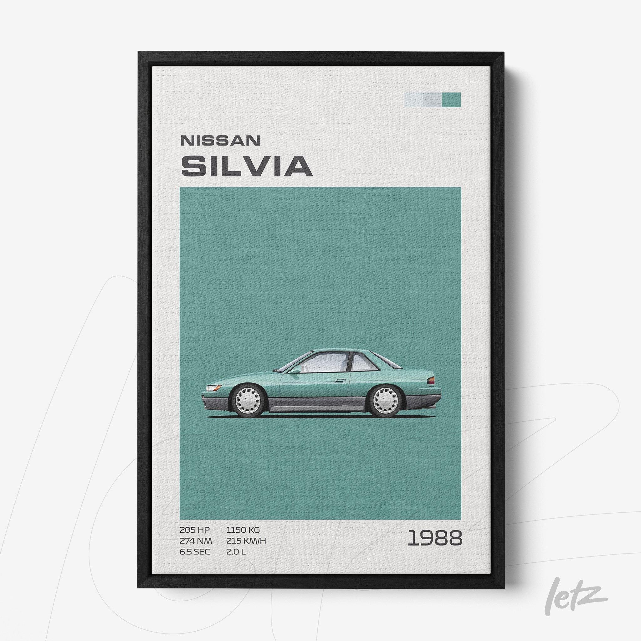framed graphic art of the 1988 Nissan Silvia on a blue background with a black frame