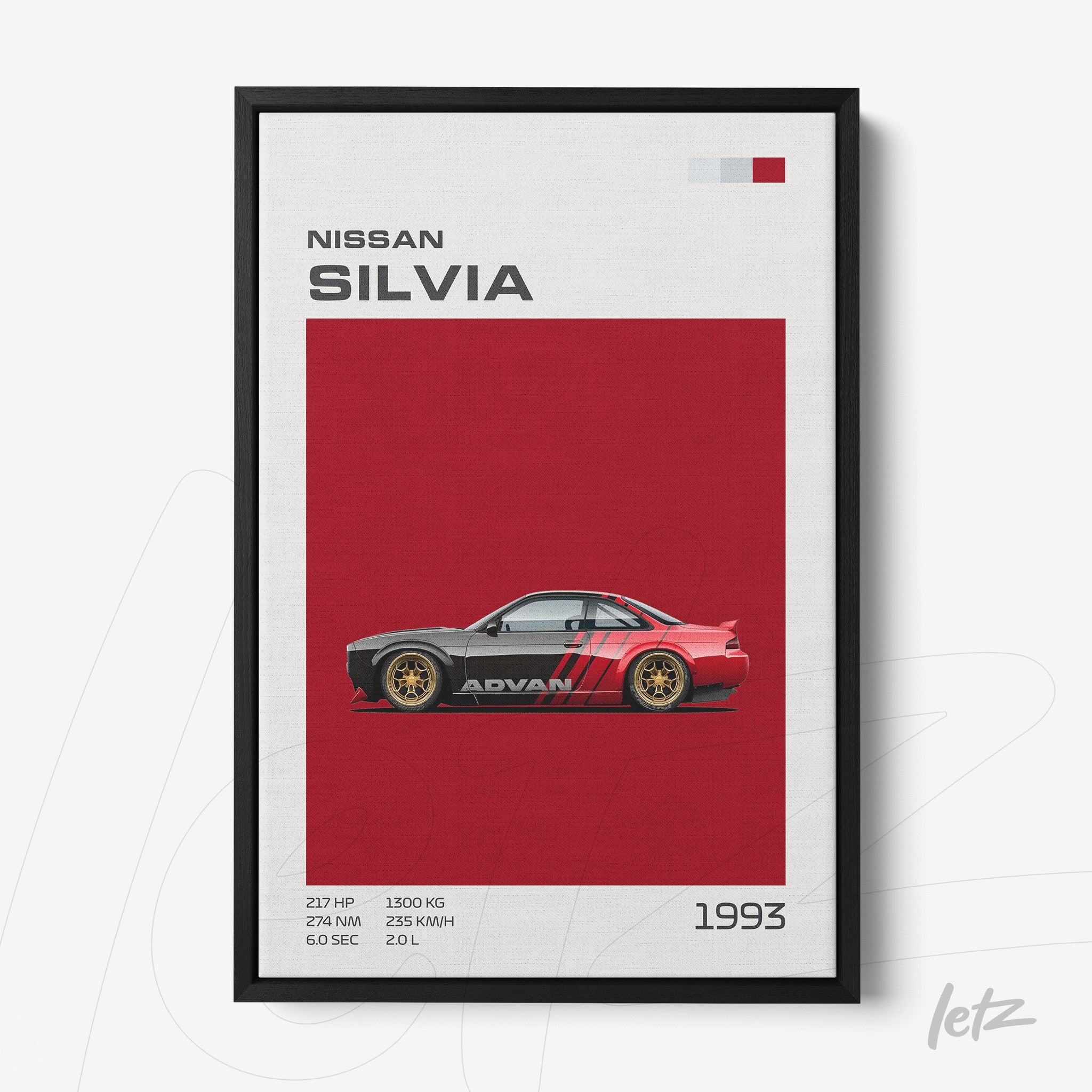 framed digital art of the 1993 Nissan Silvia with a black frame and red background
