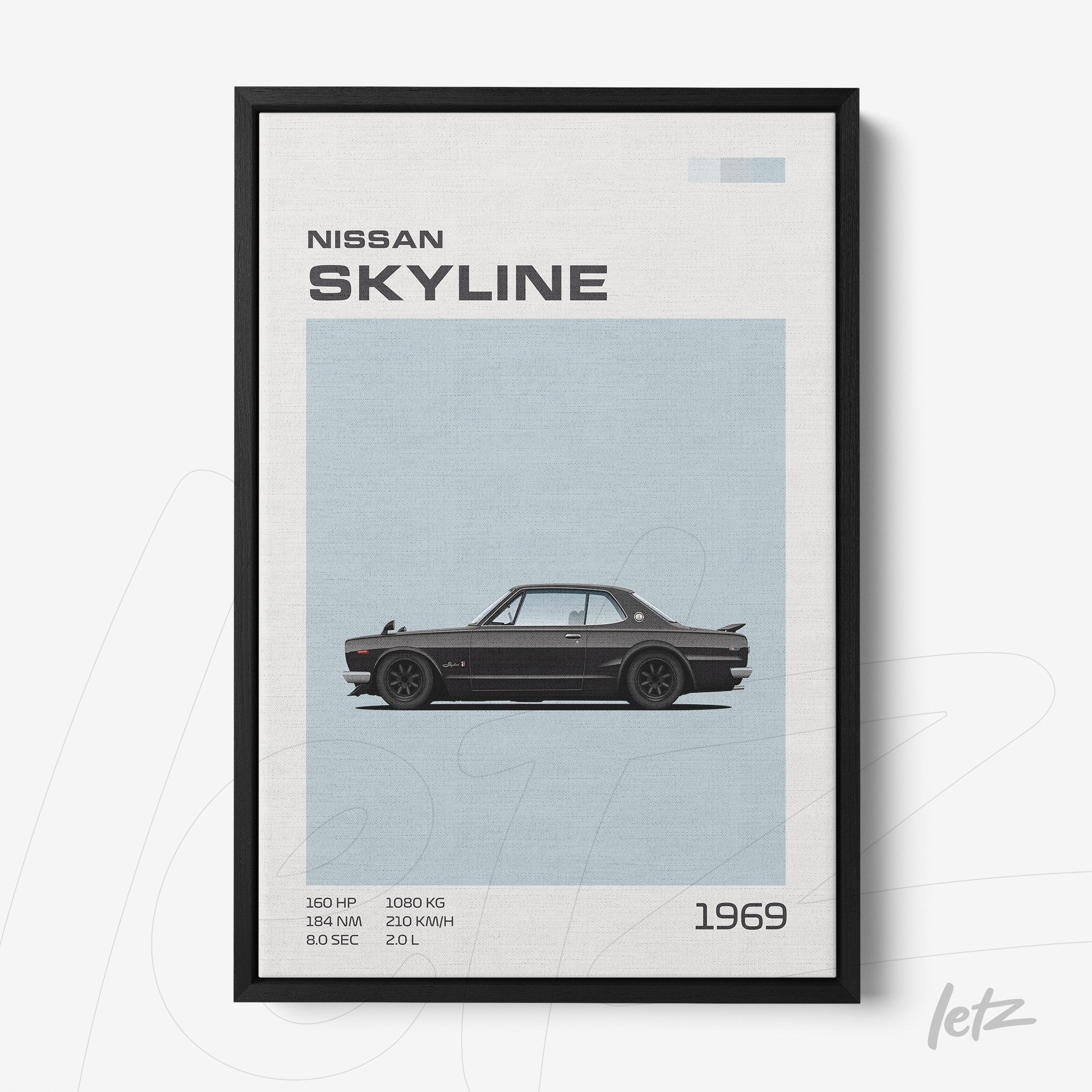 framed wall art featuring a minimalist illustration of the 1969 Nissan Skyline in a black frame