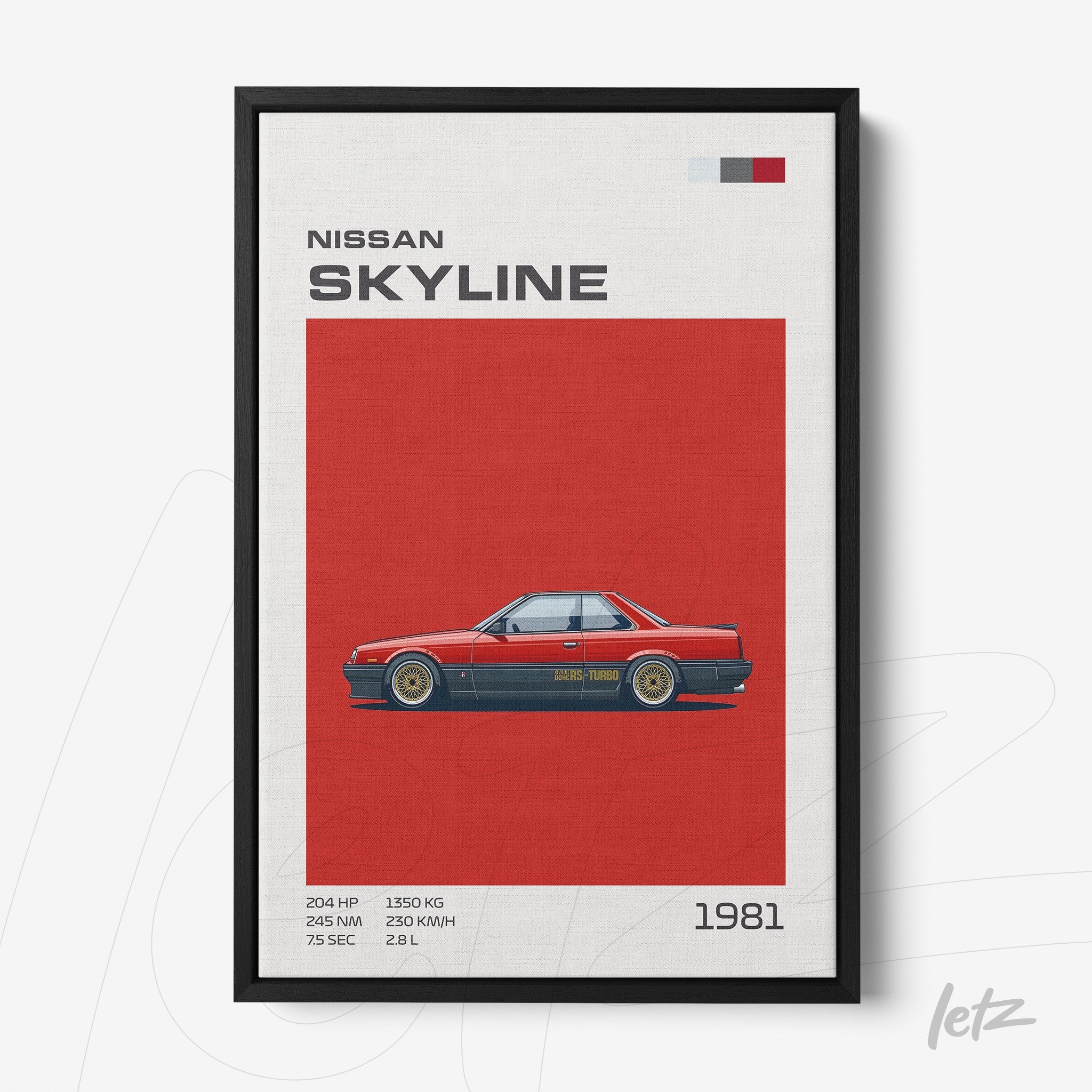 framed artwork featuring a 1981 Nissan Skyline car illustration on a red background with white and black accents