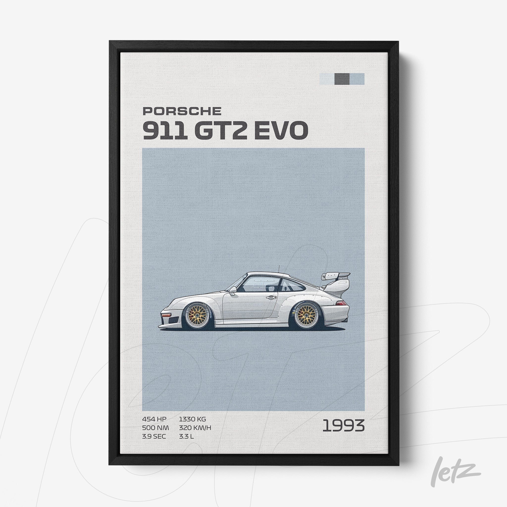 framed wall art featuring Porsche 911 GT2 EVO illustration on light blue background with black frame