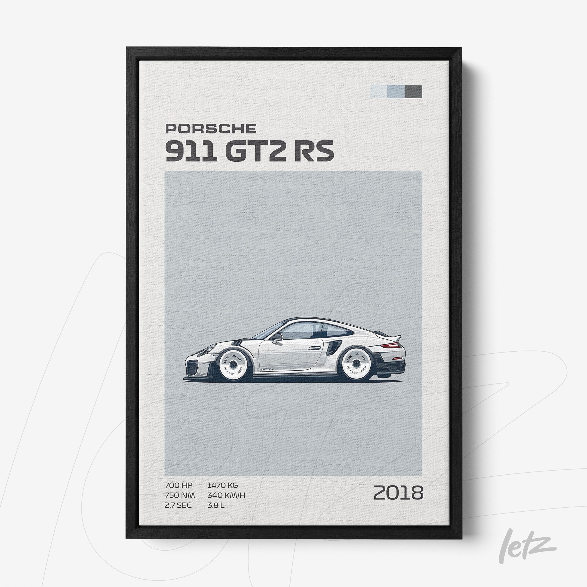 framed minimalist illustration of a Porsche 911 GT2 RS with a black frame