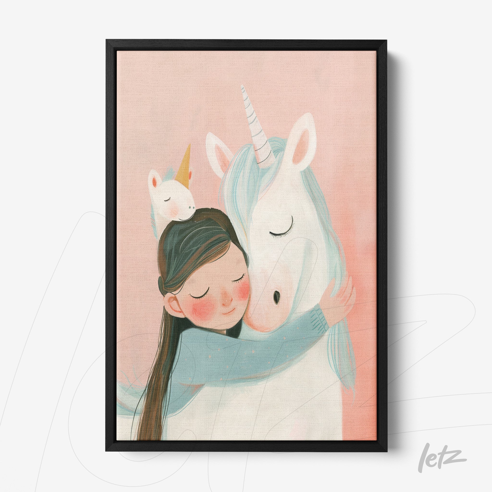 framed artwork featuring a child hugging a unicorn against a pink background with a black frame