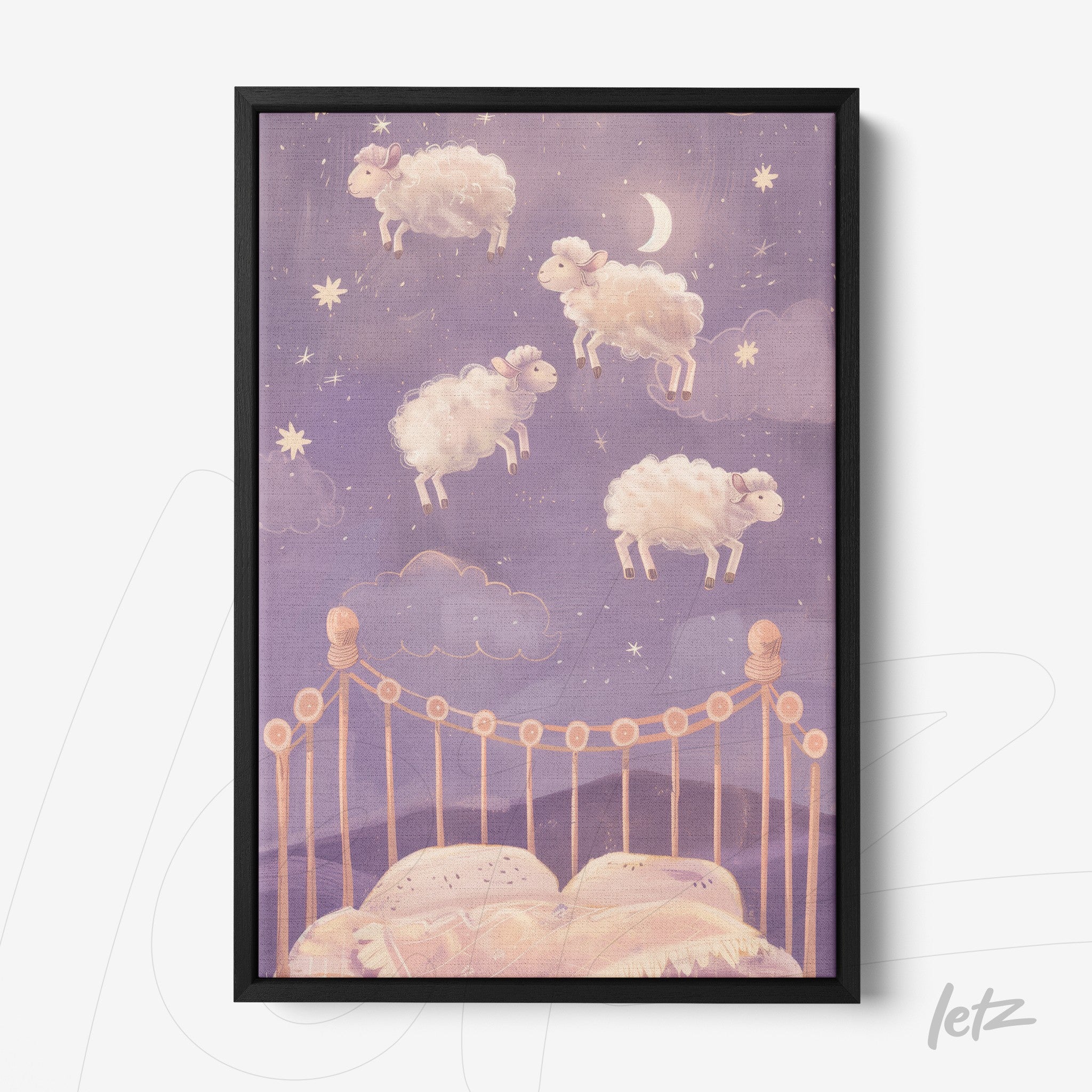 framed artwork featuring floating sheep in a starry sky above a bed with light bedding