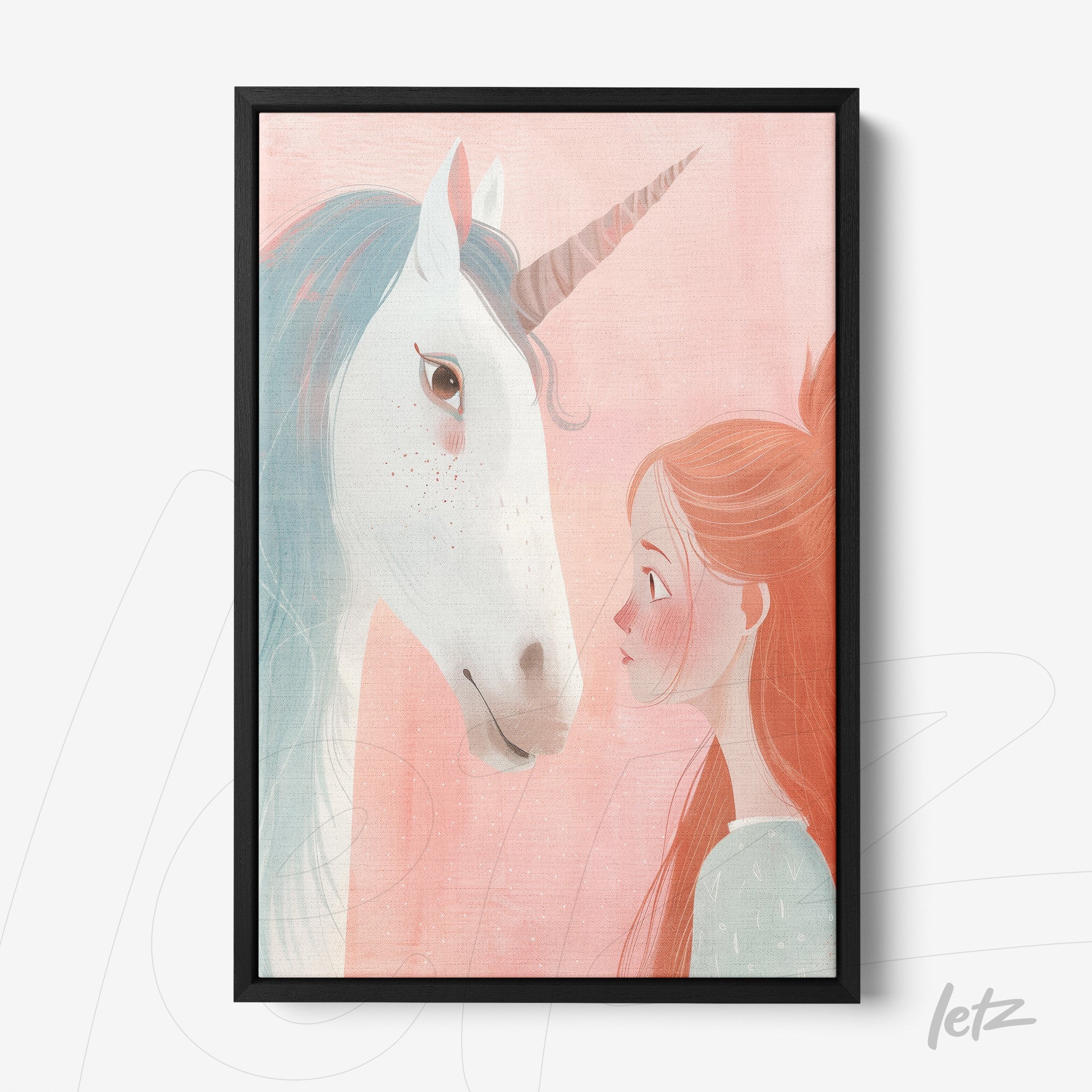 framed illustration of a girl gazing at a unicorn with a black frame