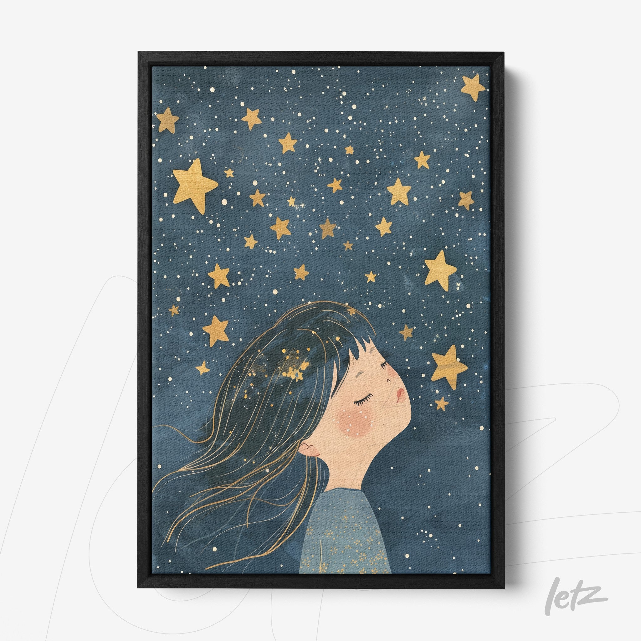 framed artwork of a dreamy girl surrounded by golden stars on a deep blue background