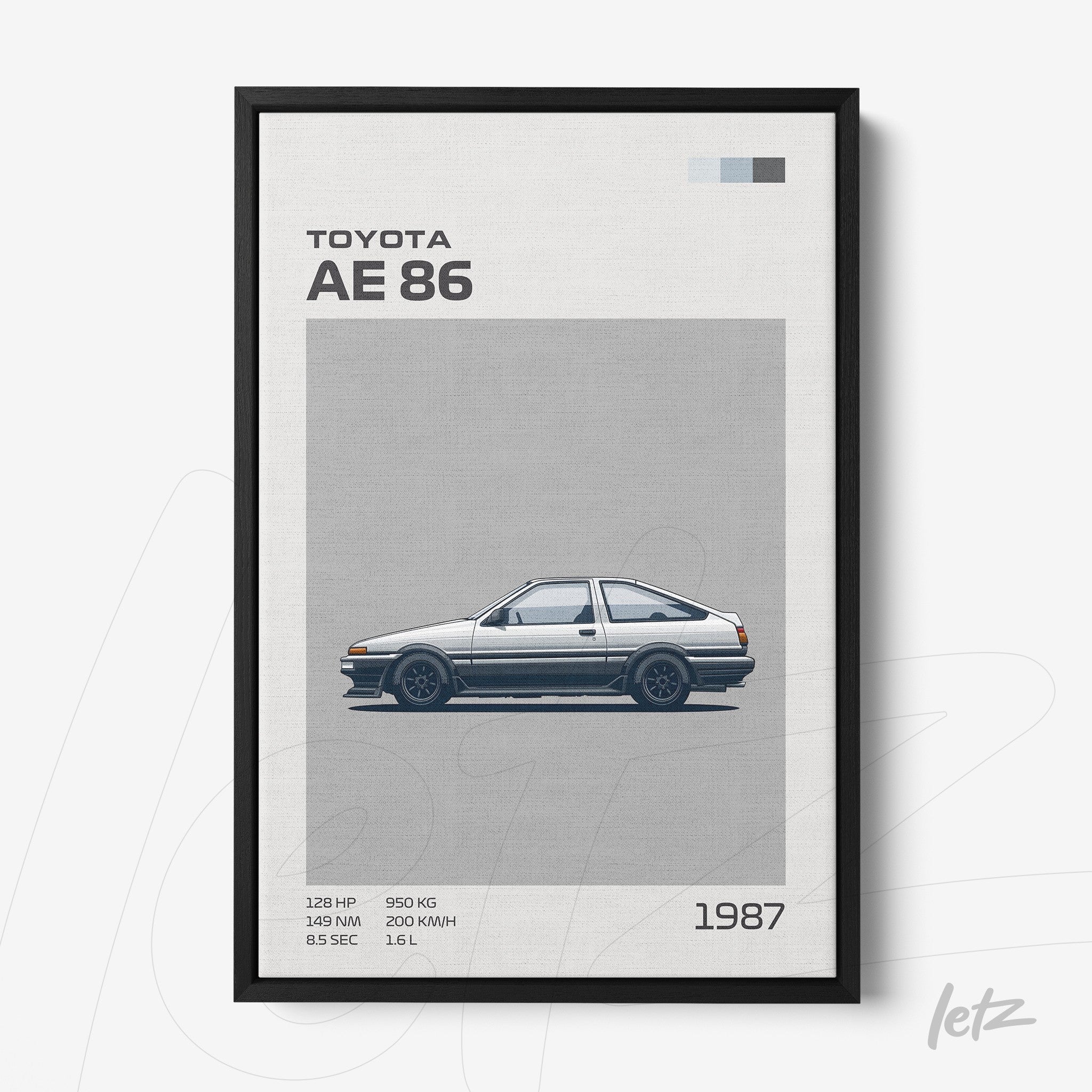 framed minimalist artwork of the Toyota AE86 car with a black frame