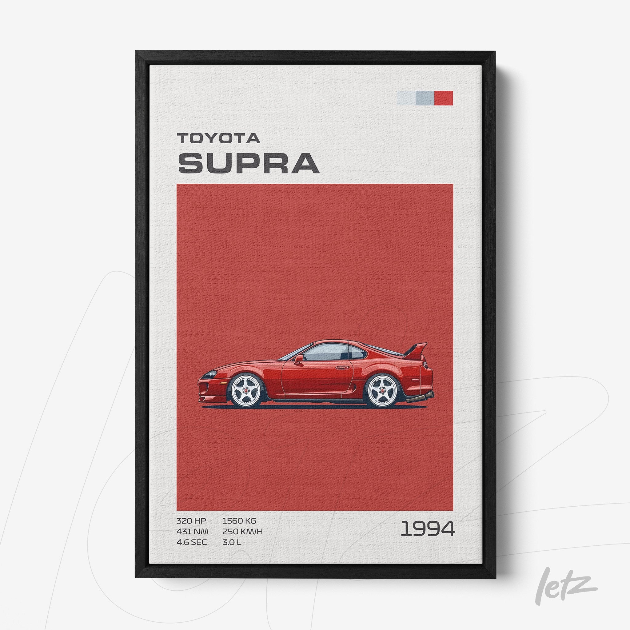 framed digital art of a 1994 Toyota Supra with a black frame