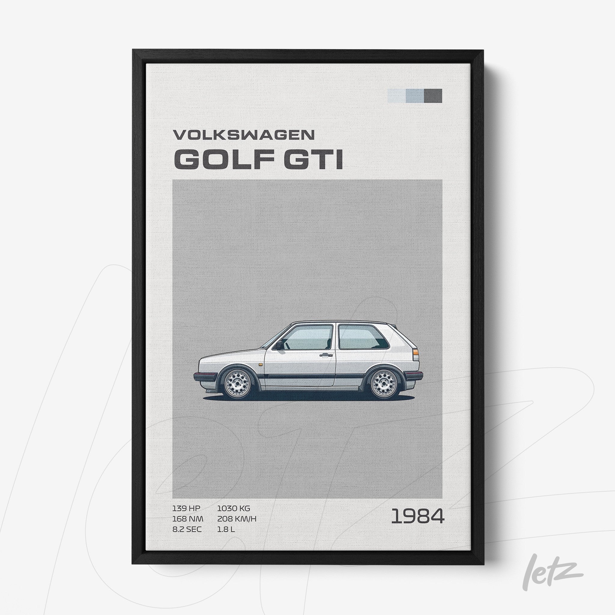 framed wall art featuring a minimalist illustration of a 1984 Volkswagen Golf GTI in a sleek black frame