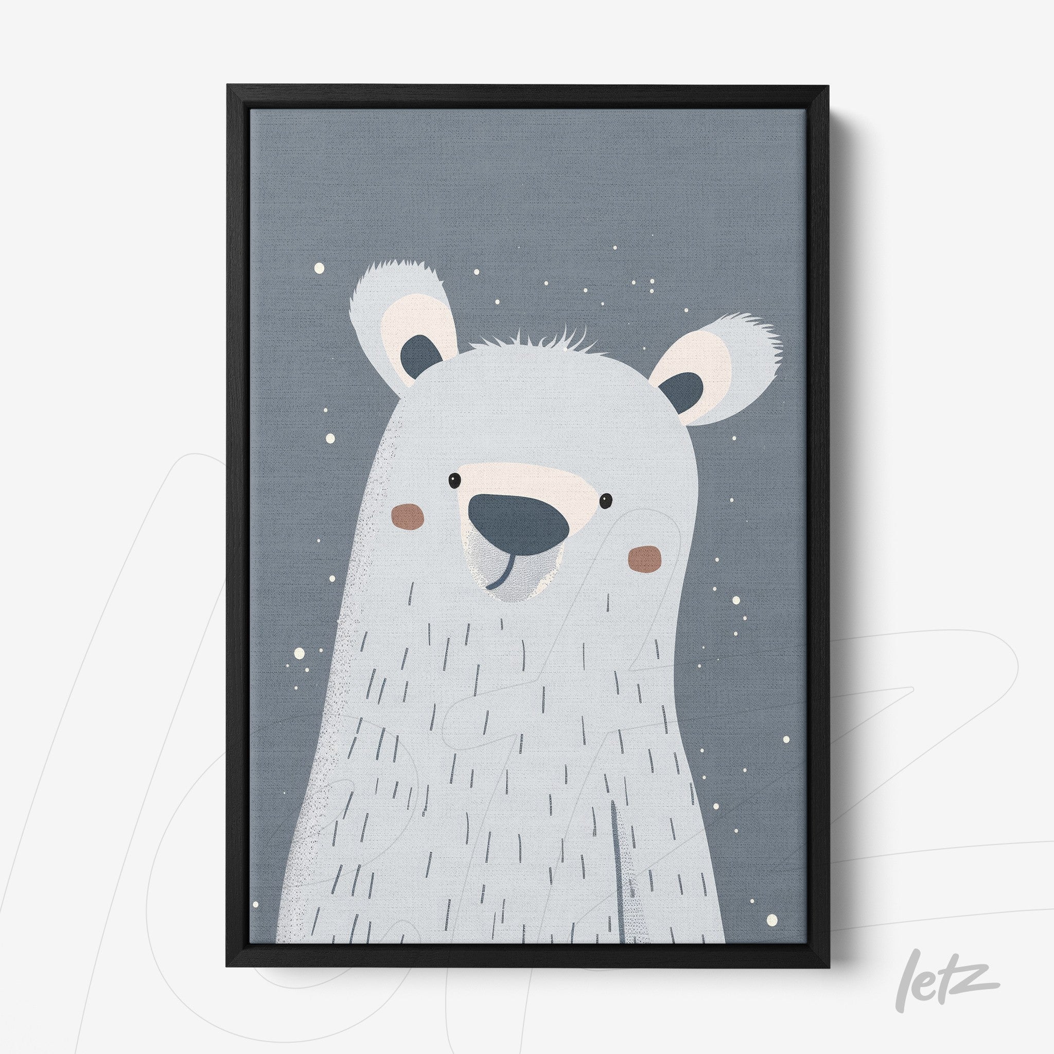 framed children's wall art with cute polar bear illustration on a gray background with black frame
