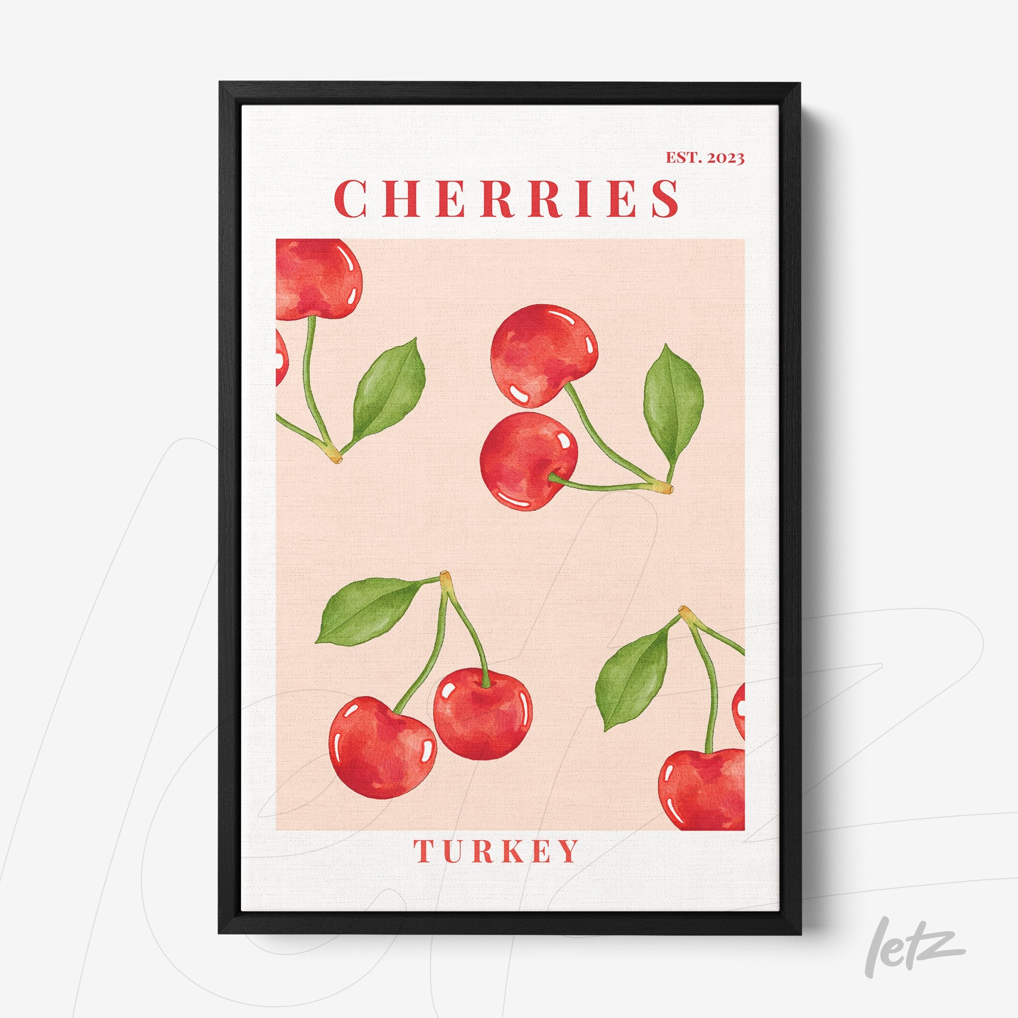 decorative wall art featuring red cherries illustration on pink background with black frame and 'Cherries Turkey EST. 2023' text
