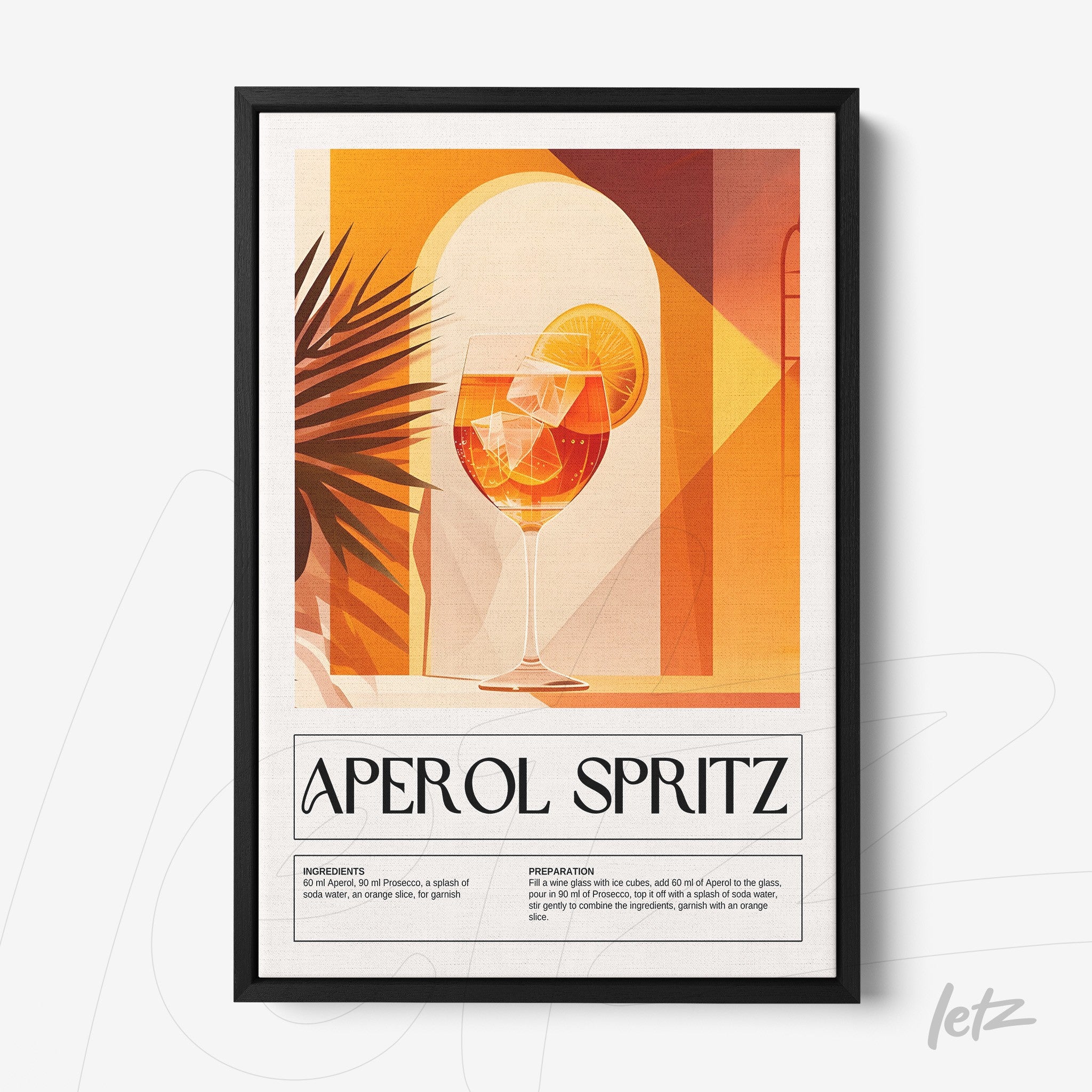 vintage style framed art of aperol spritz cocktail with black frame