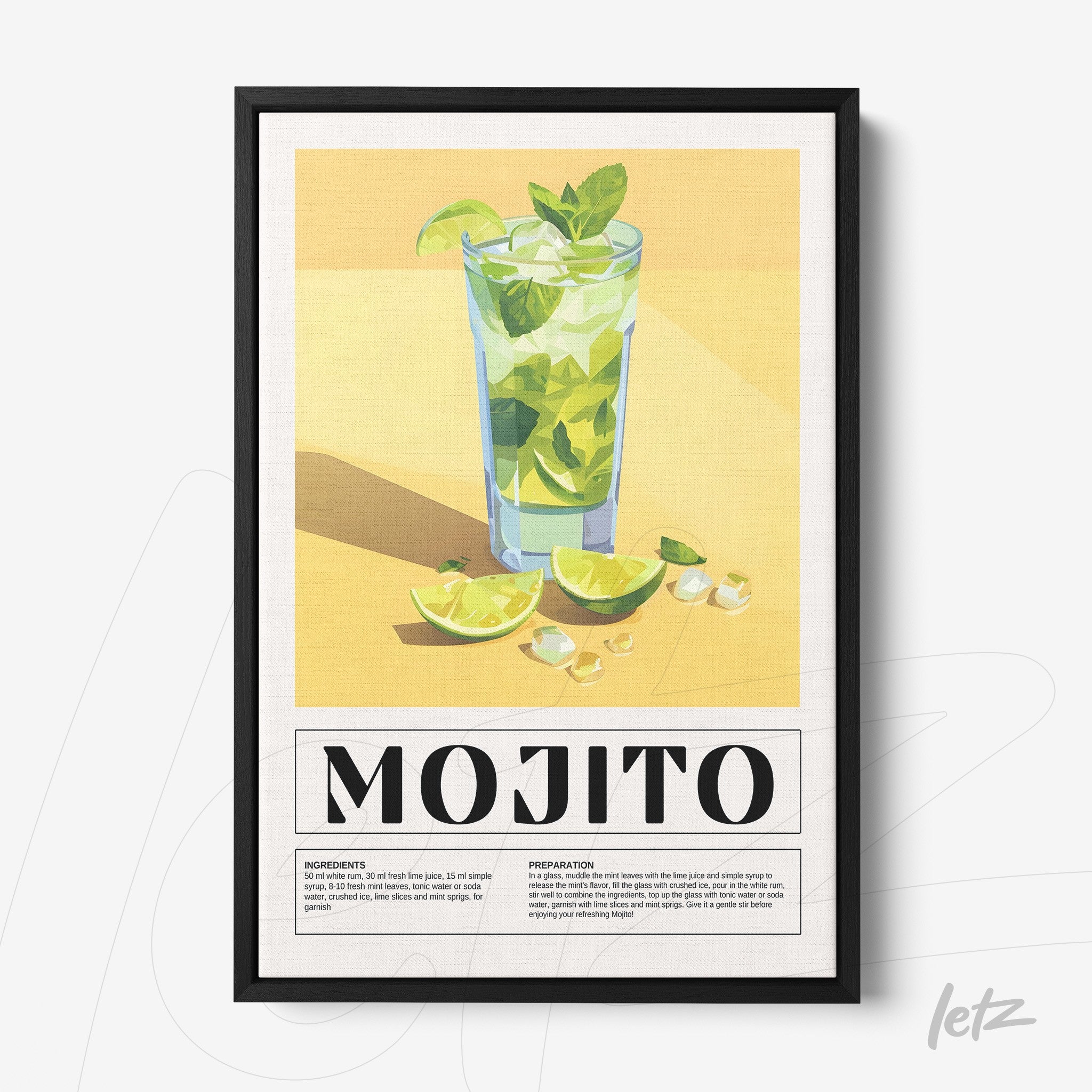 framed artwork featuring mojito cocktail on vibrant yellow background, highlighting glass with ice and limes