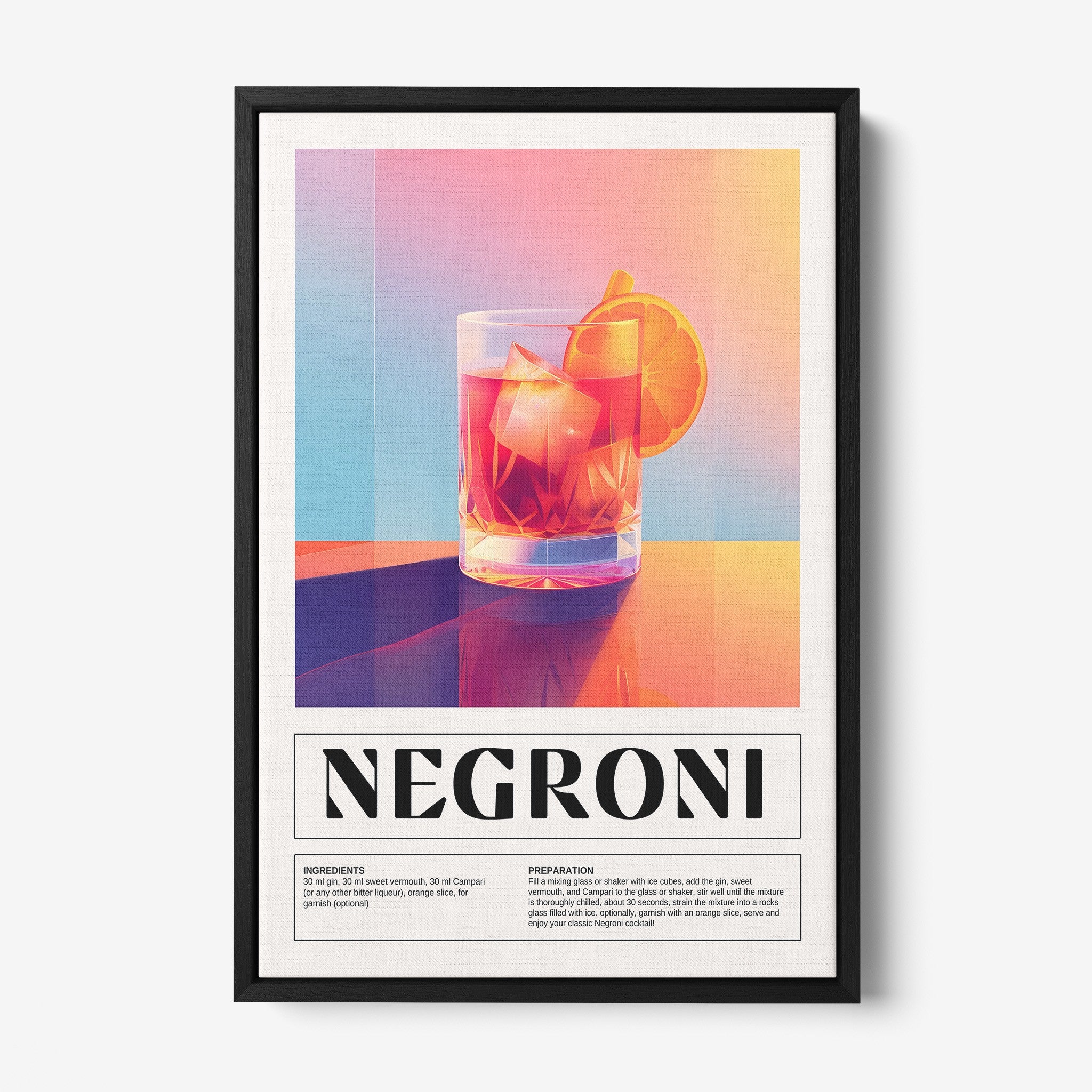 decorative wall art featuring modern illustration of negroni cocktail in black frame