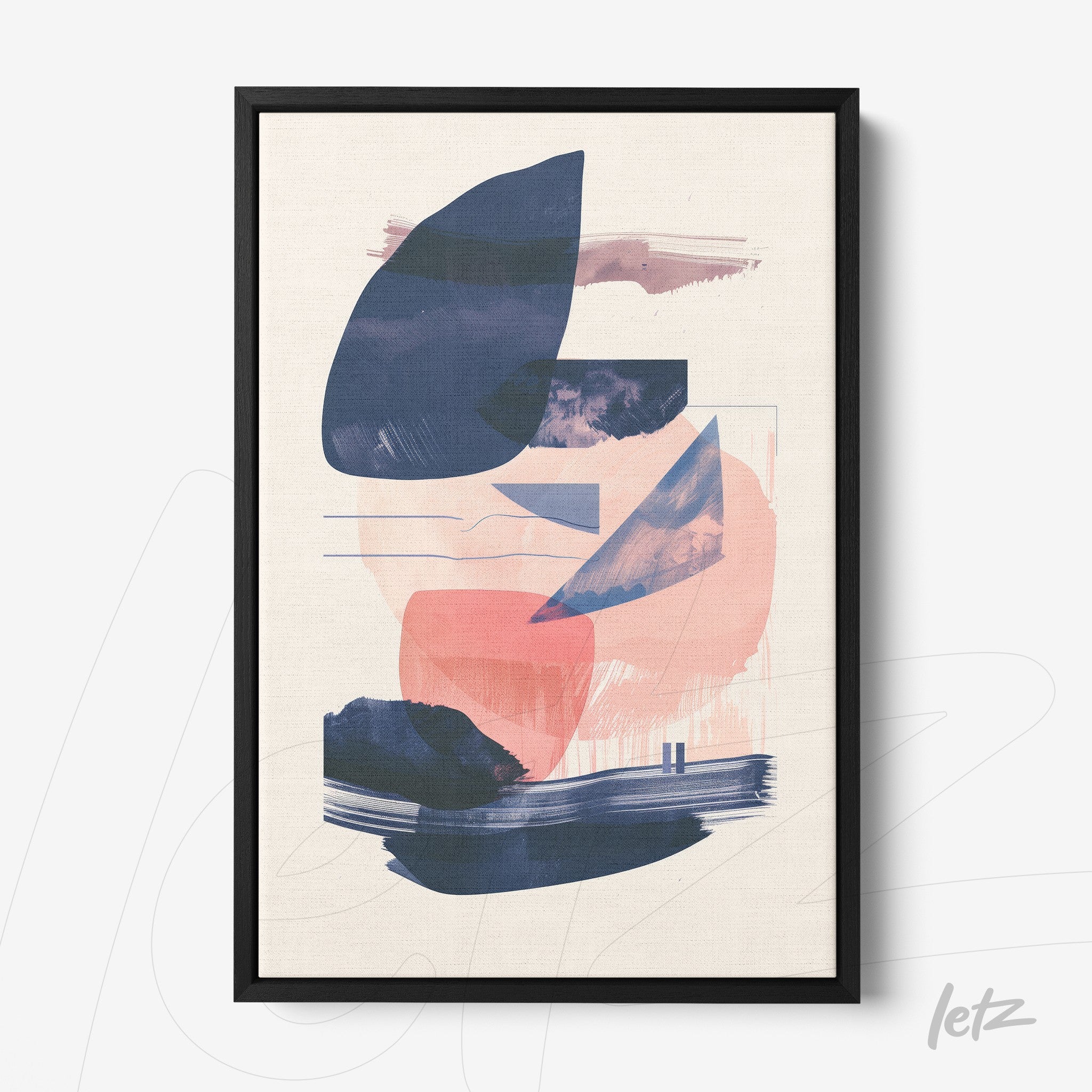 framed abstract artwork in shades of blue and pink with black frame