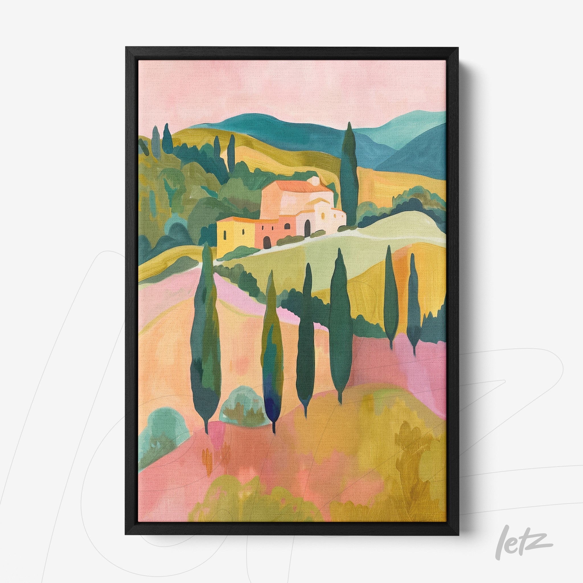 framed artwork depicting colorful italian hills with cypress trees