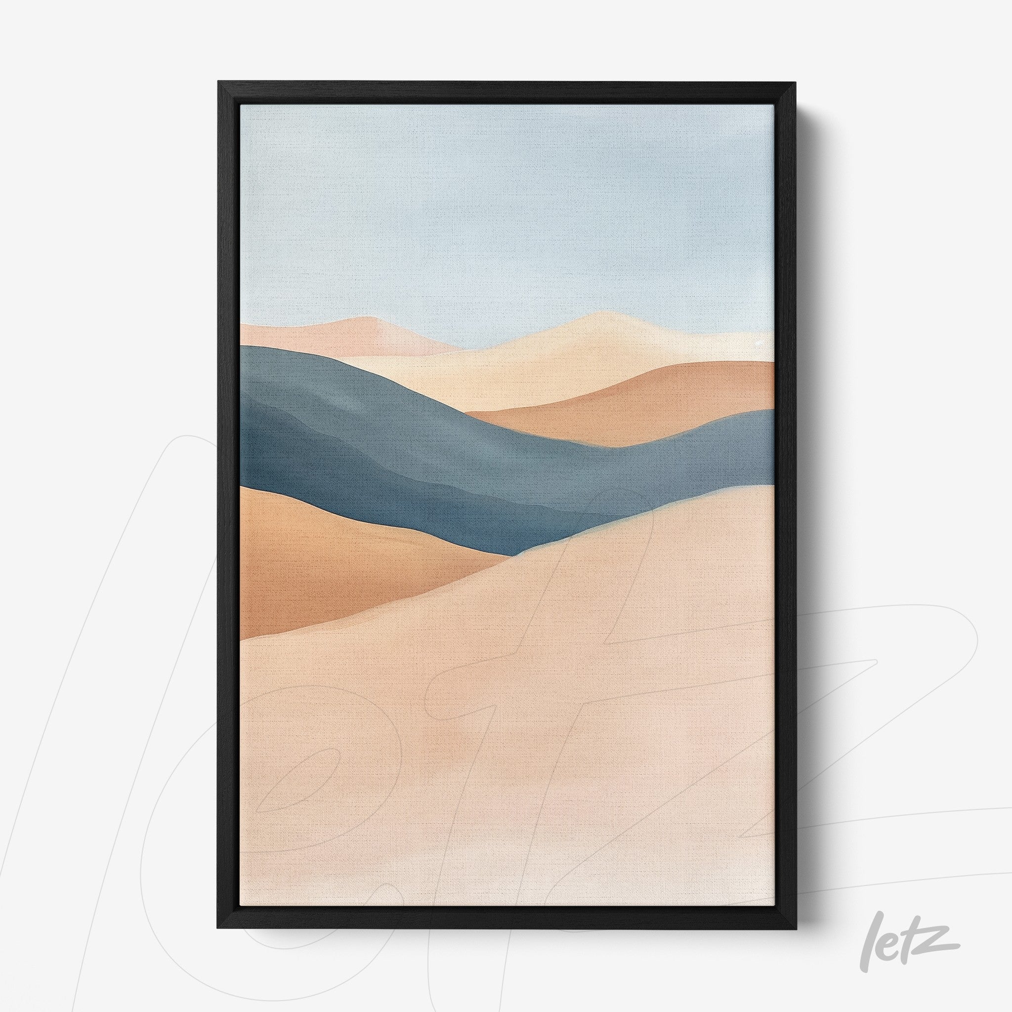 abstract wall art in earthy and blue tones framed in black