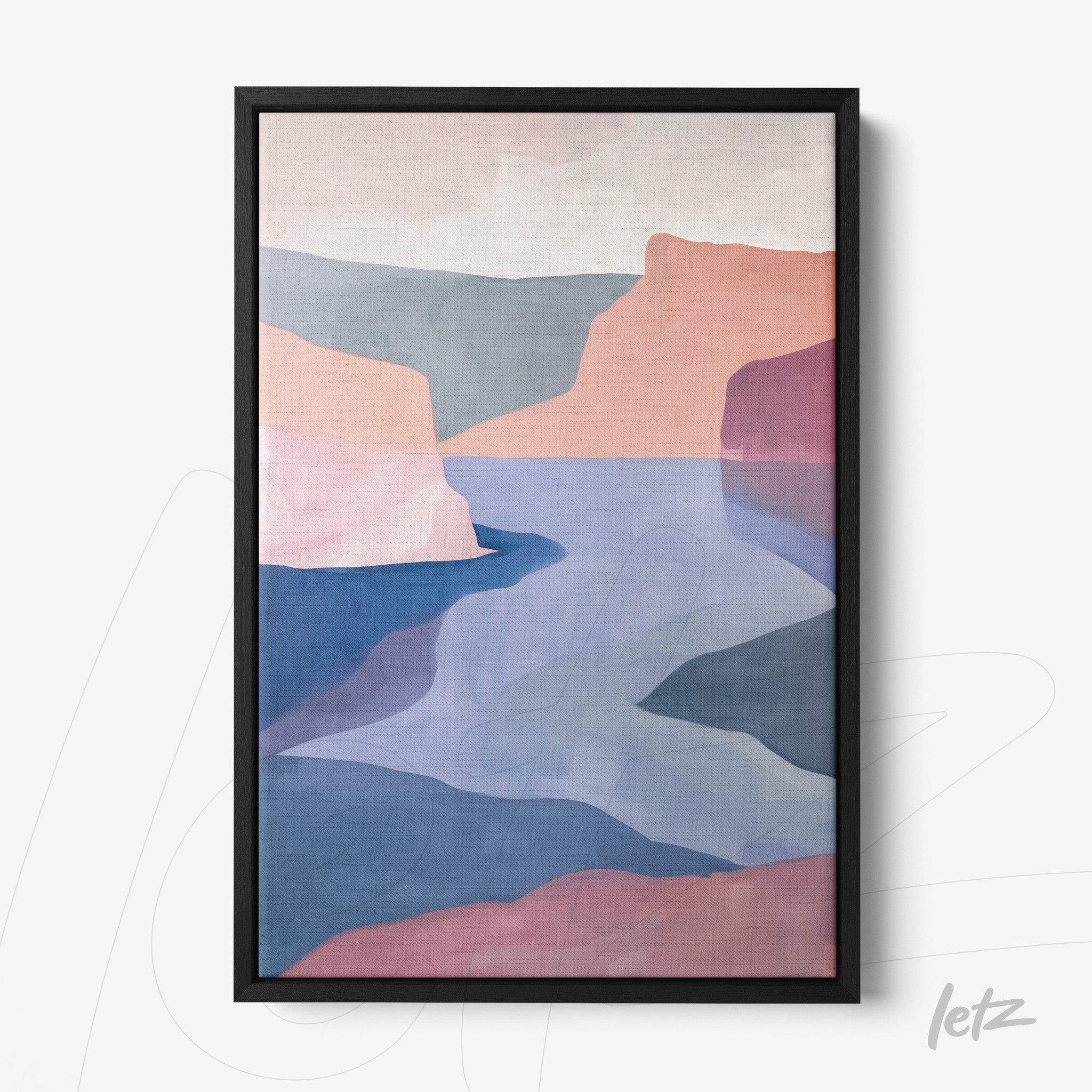 framed abstract art in pastel tones depicting mountains and a winding river